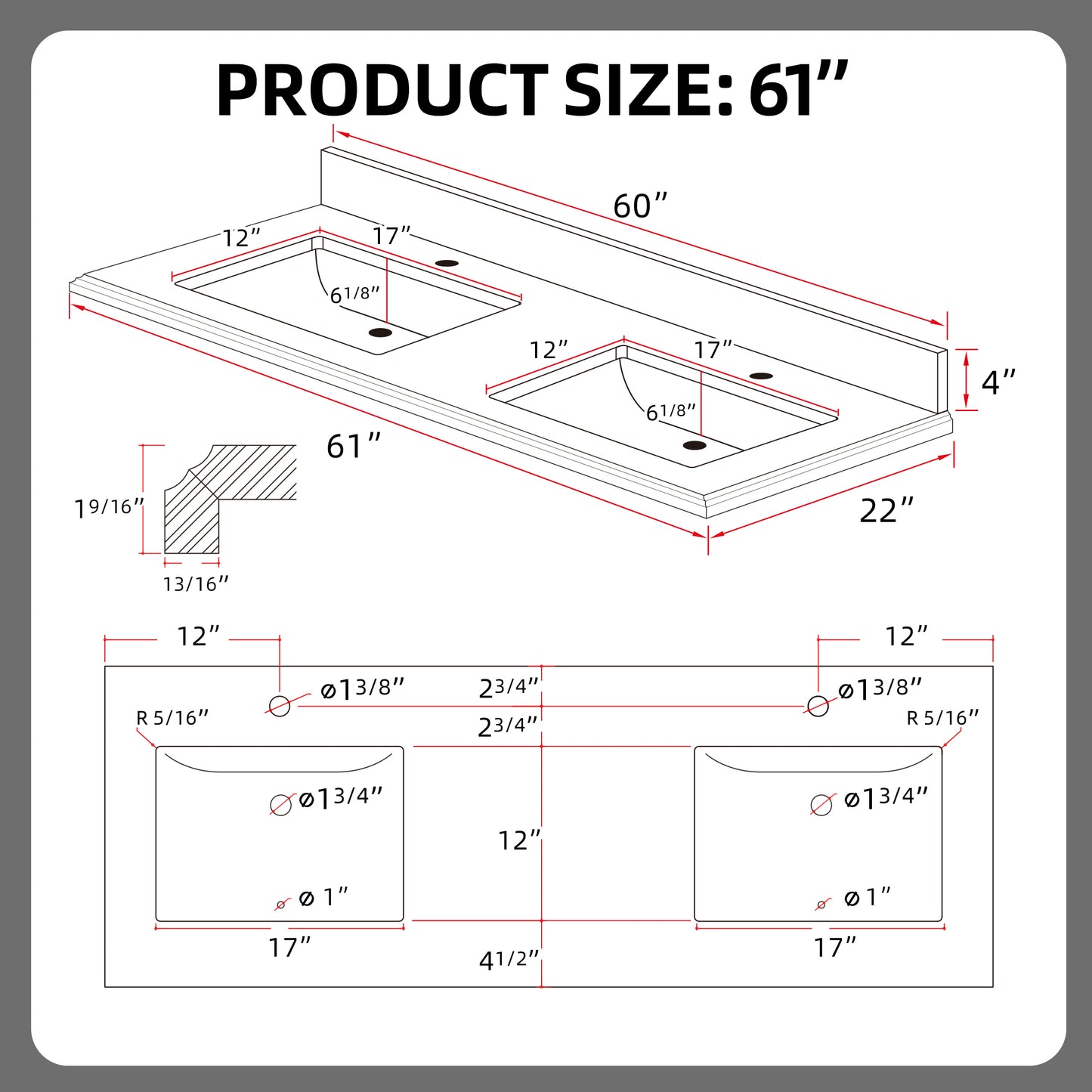 61x22 Inch Bathroom Stone Vanity Top Engineered Quartz Stone with Double Rectangle Undermount Ceramic Sink and 2 Faucet Hole with Backsplash