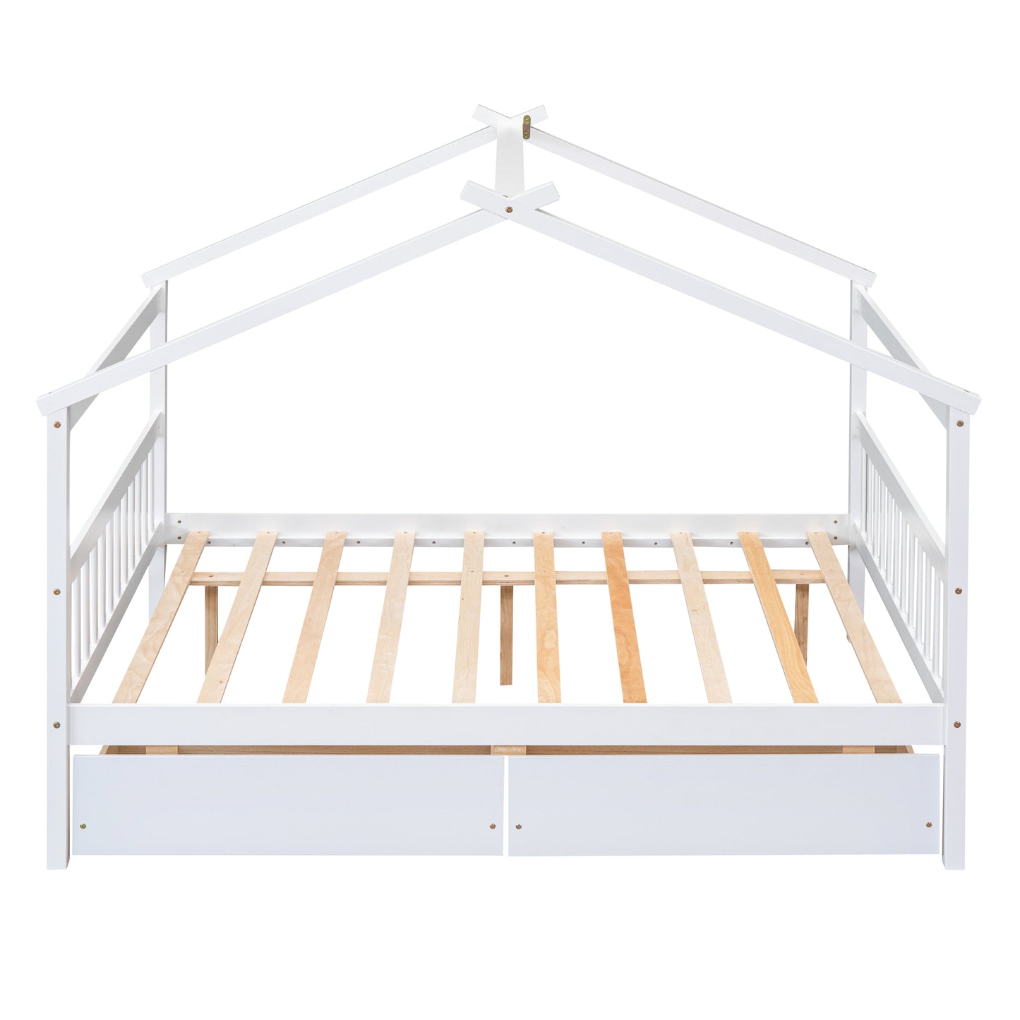 Full Size Wooden House Bed with Drawers, White