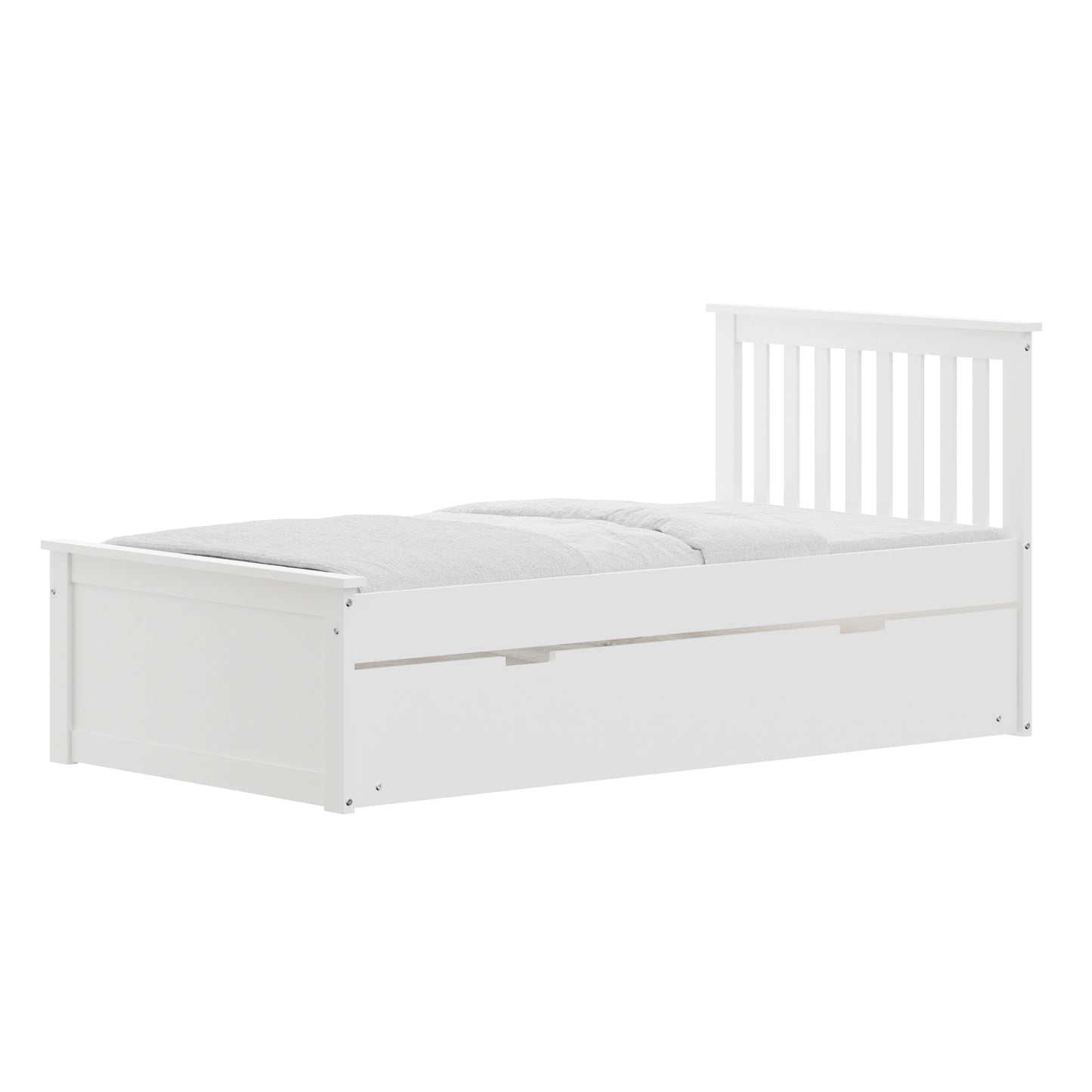 White Twin Trundle Bed, Heavy Duty Malibu Solid Wood Bed Frame with Twin Size Pull Out Toddler Trundle Bed for Kids