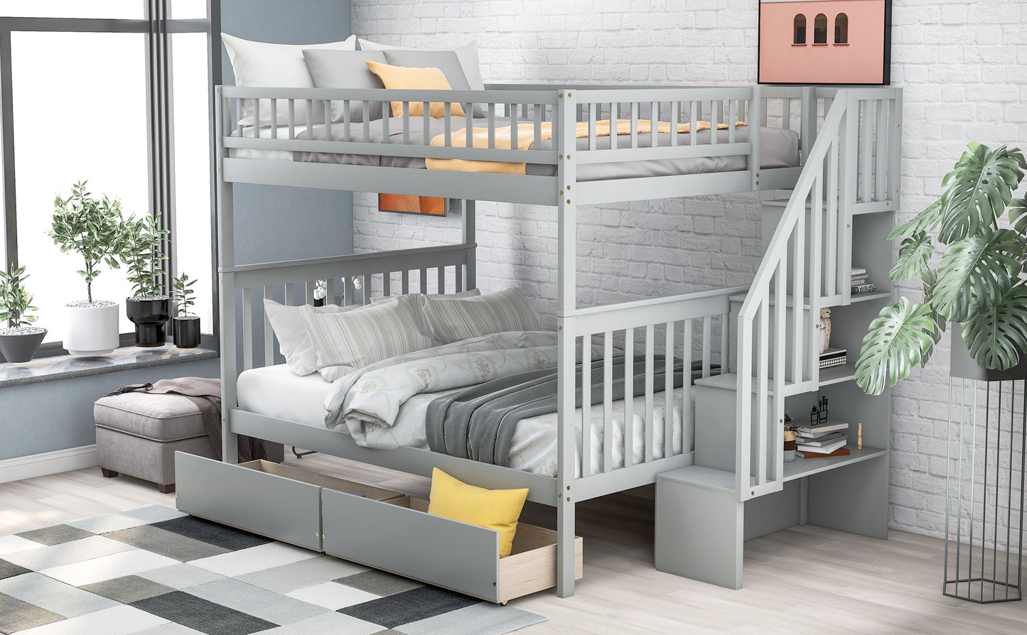 Gray Full over Full Bunk Bed with Storage Drawers and Ample Space