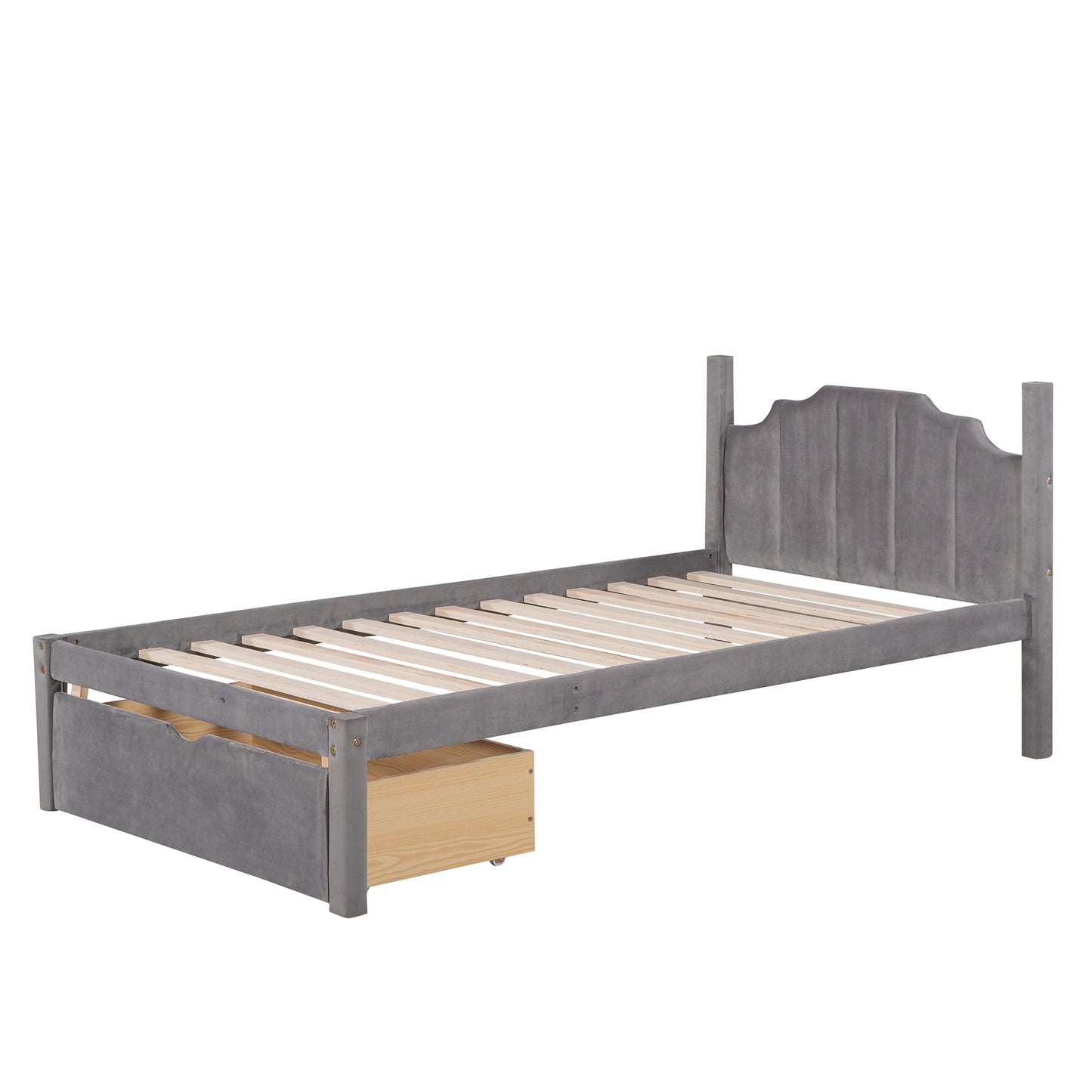 Gray Velvet Triple Bunk Bed with Full Over Twin & Twin, Drawers, Guardrails, and Space-Saving Design