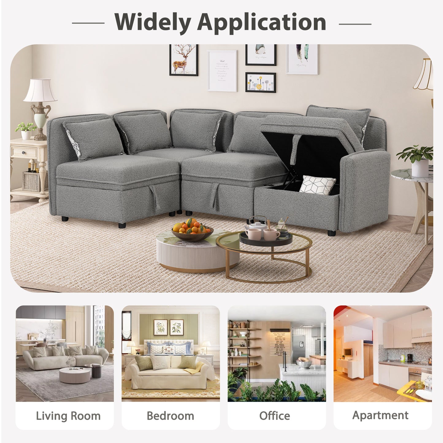 Convertible Modular Minimalist Sectional Sofa with Storage and 5 Pillows