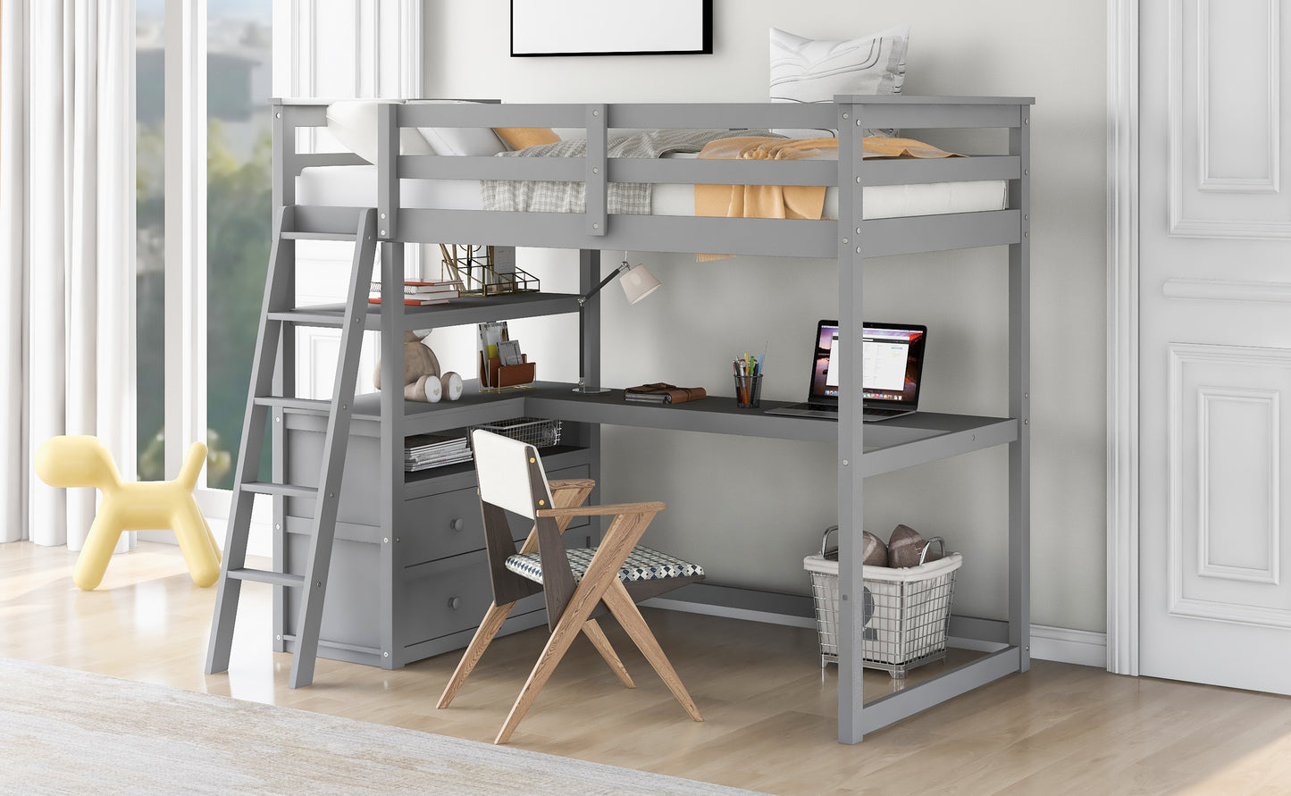 Twin Size Loft Bed with Desk and Shelves, Two Built-in Drawers, Gray(:GX000803AAE-1)