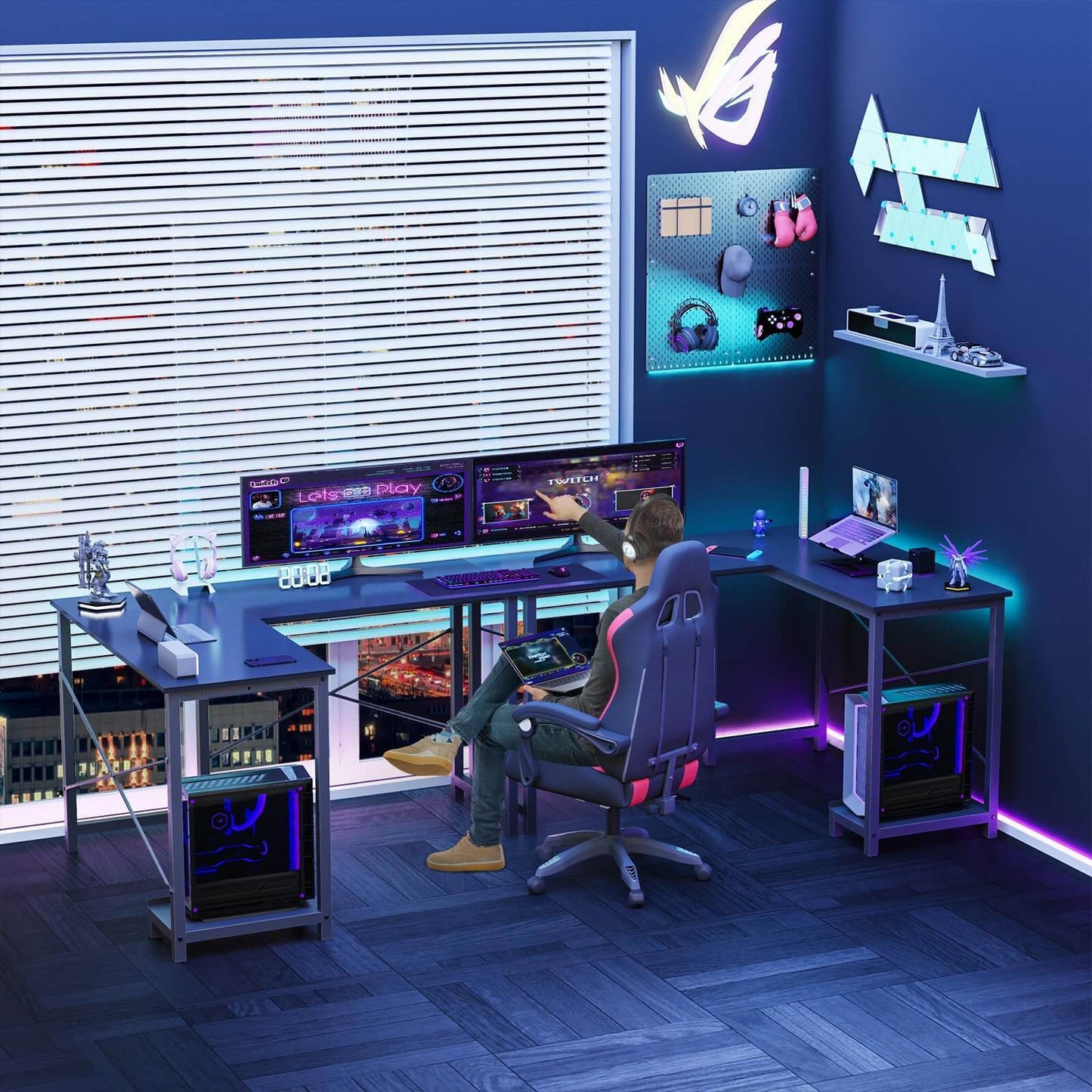 Black L-Shaped Modular Gaming Desk with Integrated Storage Options