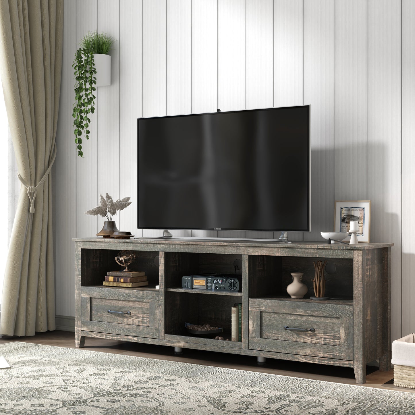 Black Pine TV Stand with 2 Drawers and Ample Storage Space for Living Room and Bedroom