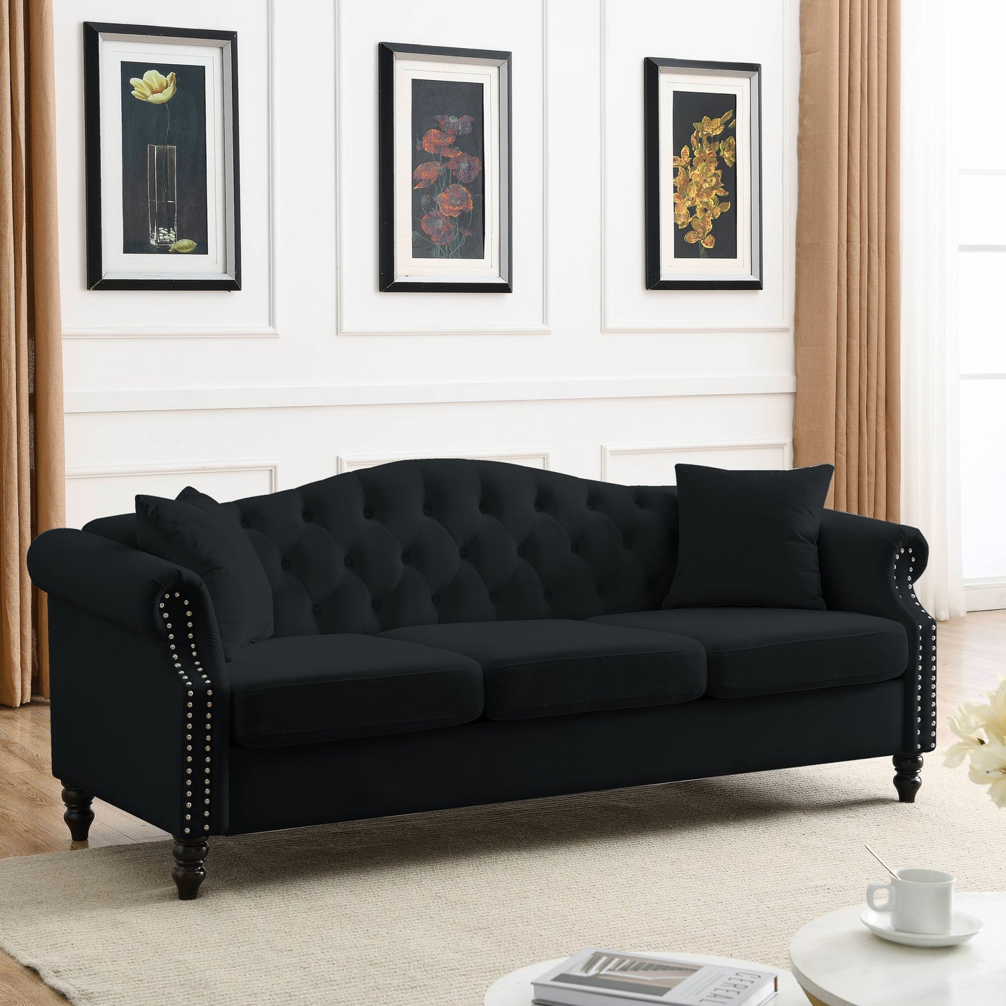 [Video] 79" Chesterfield Sofa Black Velvet for Living Room, 3 Seater Sofa Tufted Couch with Rolled Arms and Nailhead for Living Room, Bedroom, Office, Apartment, 3S+3S