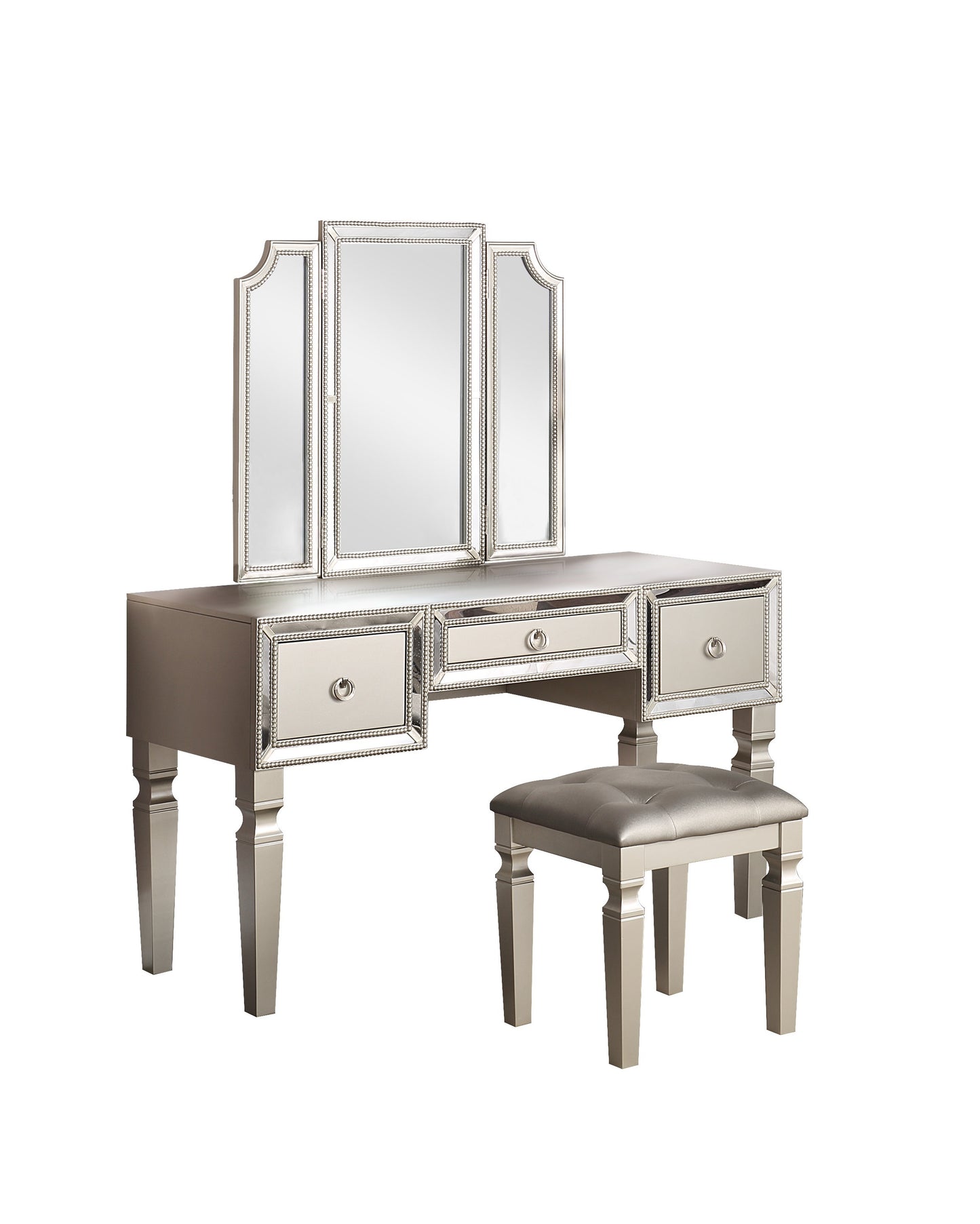 Luxurious Majestic Classic Silver Color Vanity Set w Stool 3- Storage Drawers 1pc Bedroom Furniture Set Tri-Fold Mirror