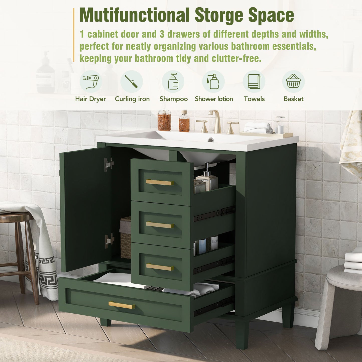 30" Bathroom Vanity in Green, Modern Bathroom Cabinet with Sink Combo Set, Bathroom Storage Cabinet with a Soft Closing Door and 3 Drawers, Solid Wood Frame