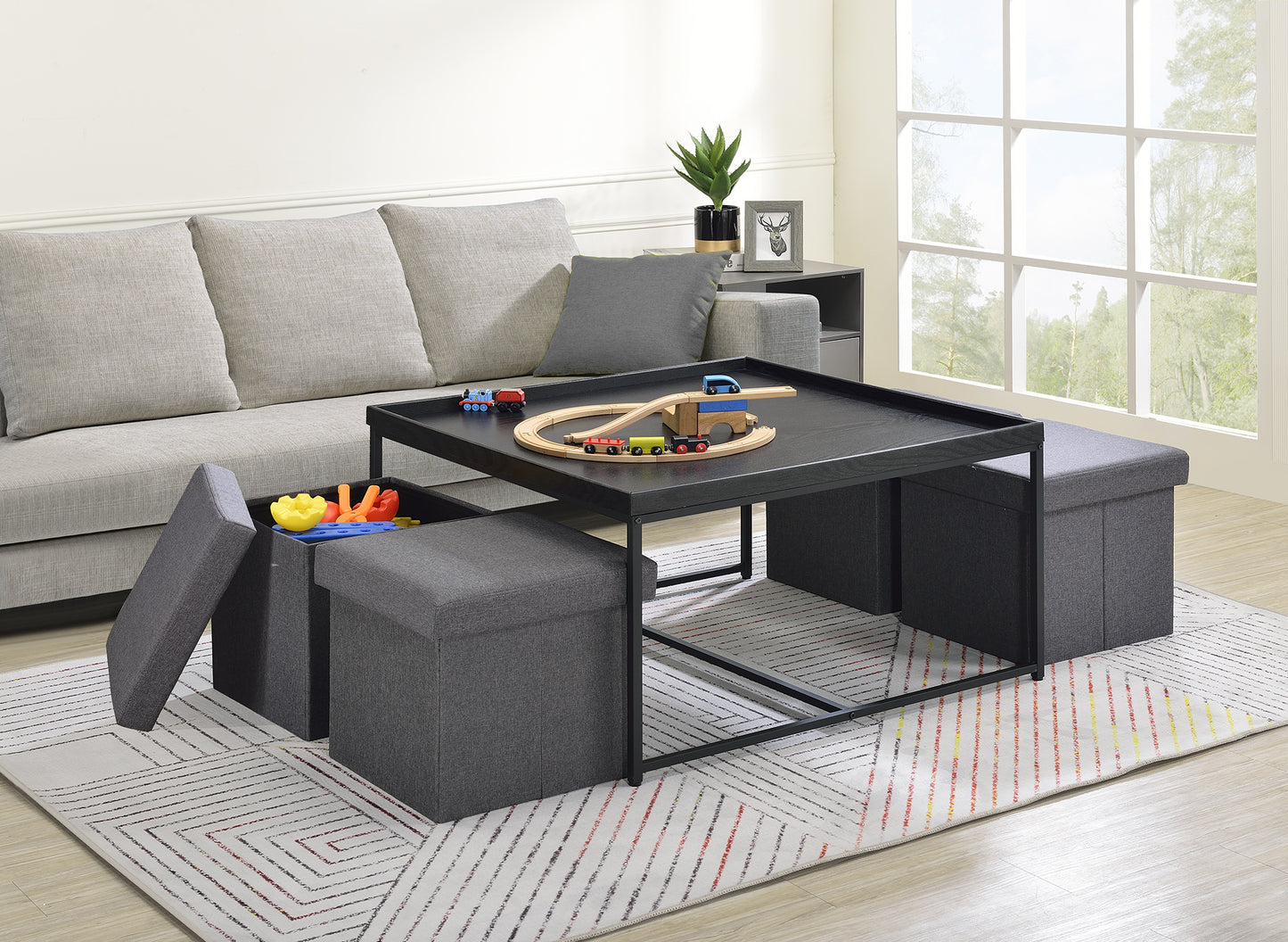 Vinny Black Wood Grain Coffee Table Set with Storage Stools and Raised Edges