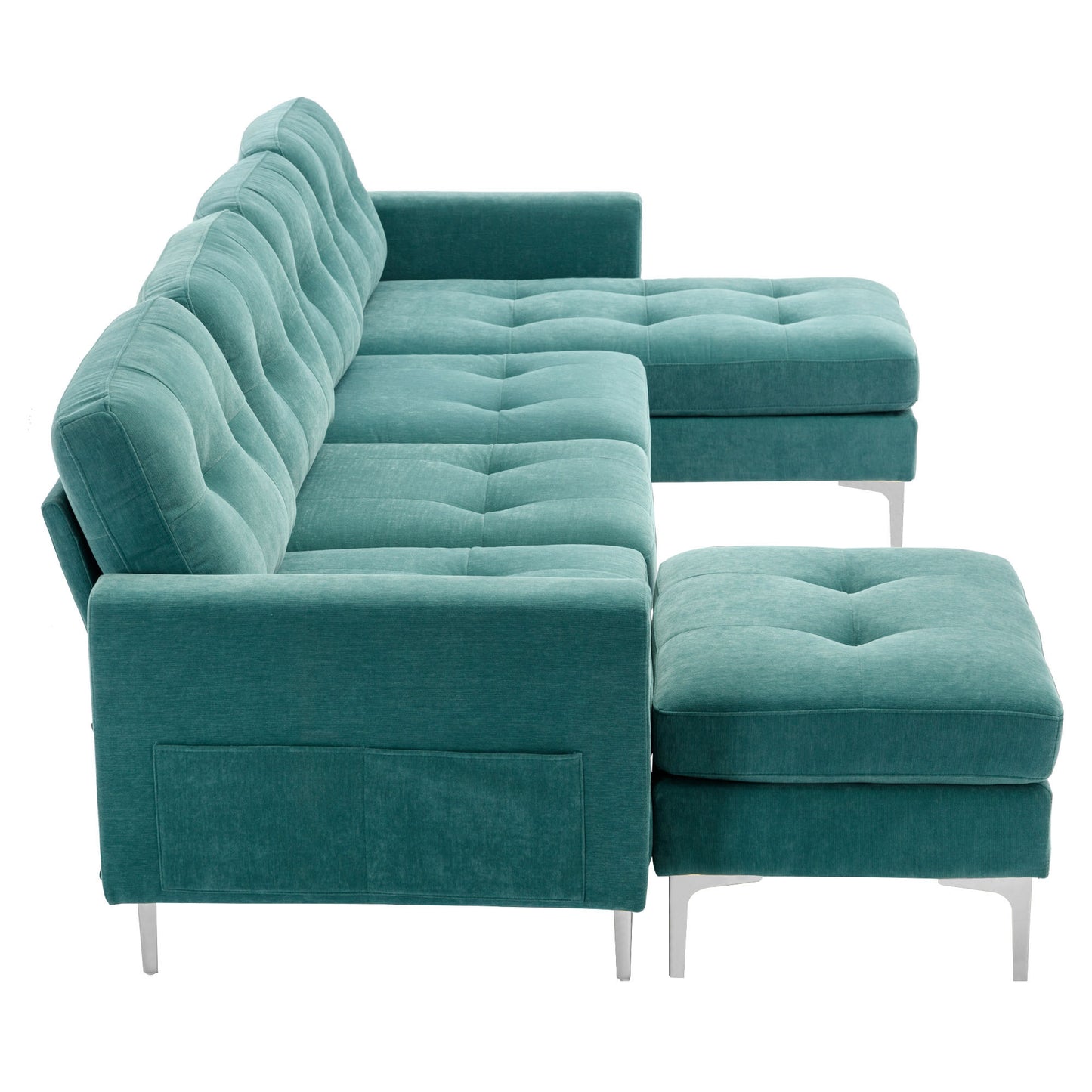 Elegant Green Velvet L-Shape Sectional Sofa with Movable Ottoman