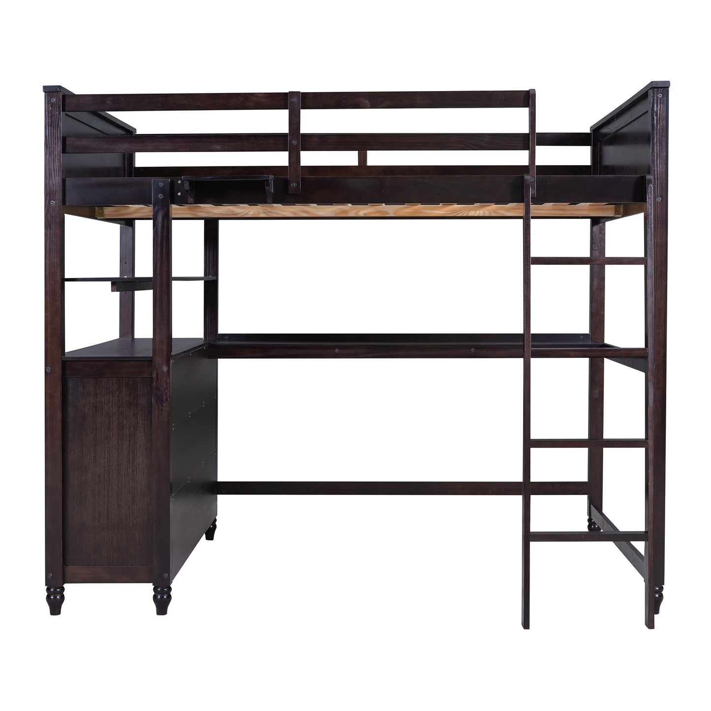 Full size Loft Bed with Drawers and Desk, Wooden Loft Bed with Shelves - Espresso