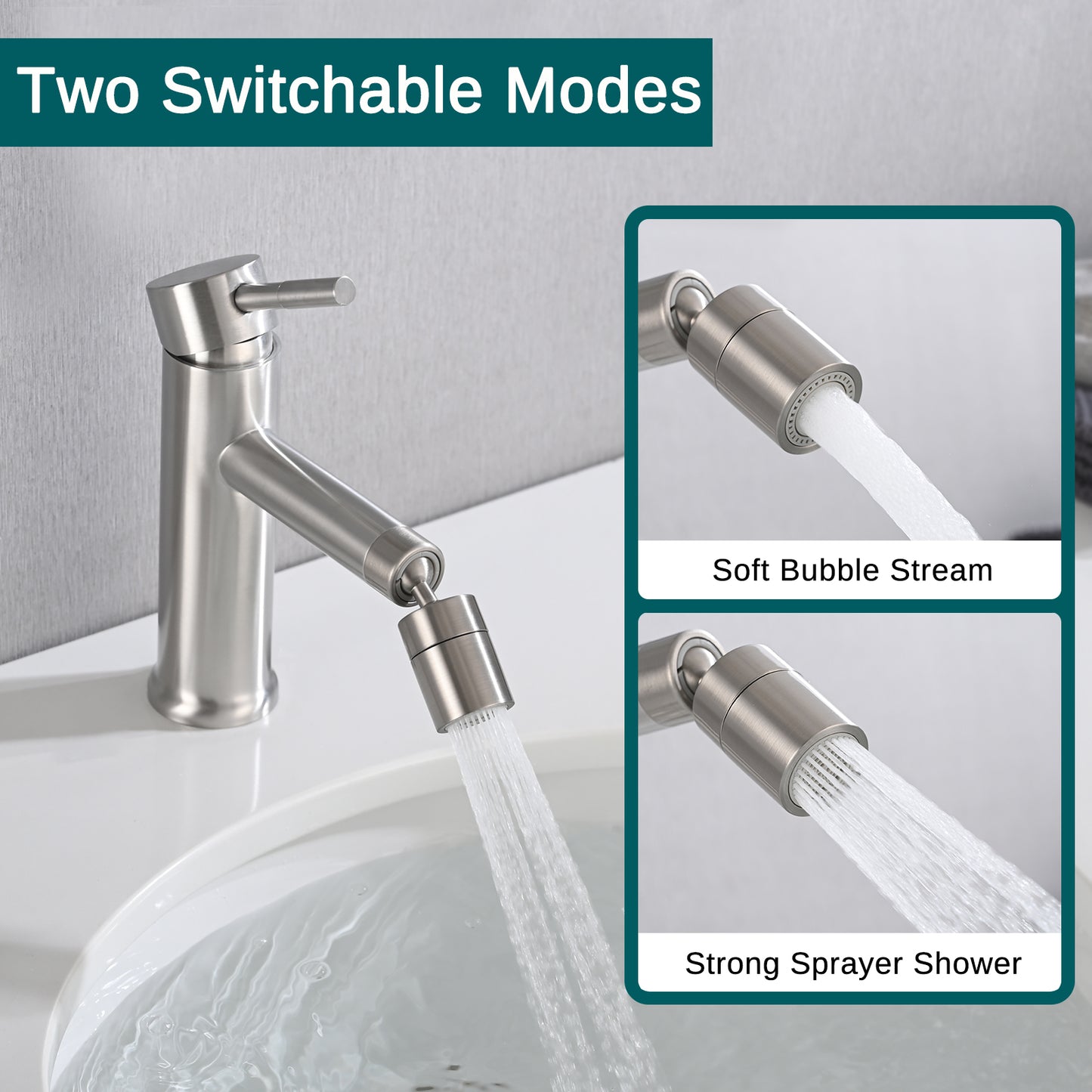 2 Mode Brushed Nickel Bathroom Faucet with 360° Rotating Aerator