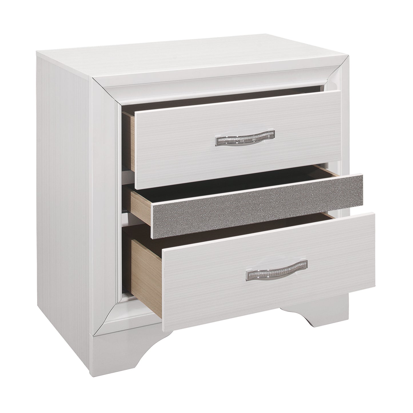 Glamorous Bedroom Furniture 1pc Nightstand of Drawers with Hidden Felt-Lined Jewelry Drawer White Finish and Silver Glitter