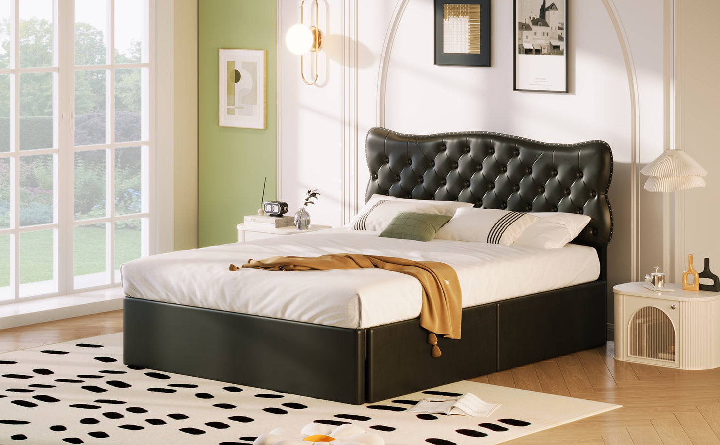 Queen Size Bed Frame with 4 Storage Drawers,Leather Upholstered Platform Heavy Duty Bed,Wood Slat Support,Black