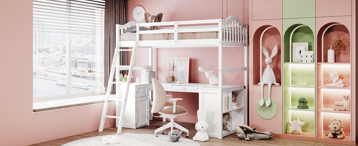 Twin size Loft Bed with Drawers, Cabinet, Shelves and Desk, Wooden Loft Bed with Desk - White( :LT000505AAK)