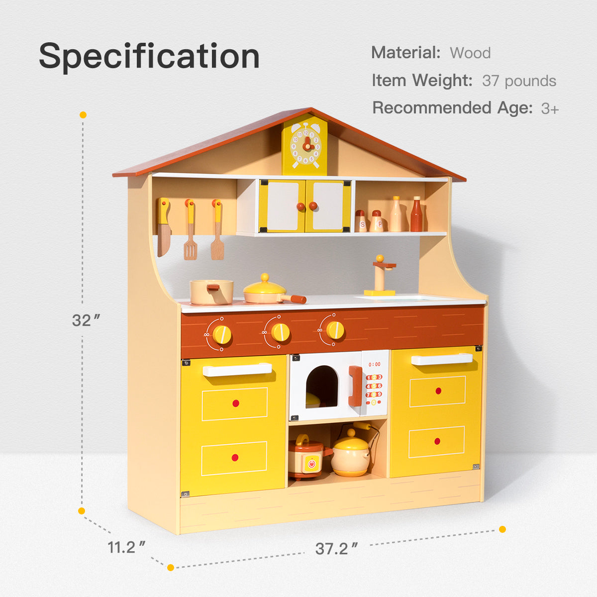 Kid's Wooden Pretend Play Kitchen Set in Yellow, with Cookware and Accessories