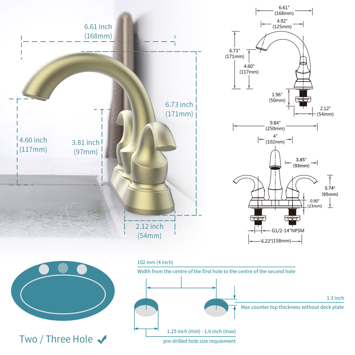 Bathroom Sink Faucet 2-Handle Brushed Gold with Aerator, Swan Style 4-inch Centerset Vanity Sink with Pop-Up Drain and Supply Hoses, FR4075-BG