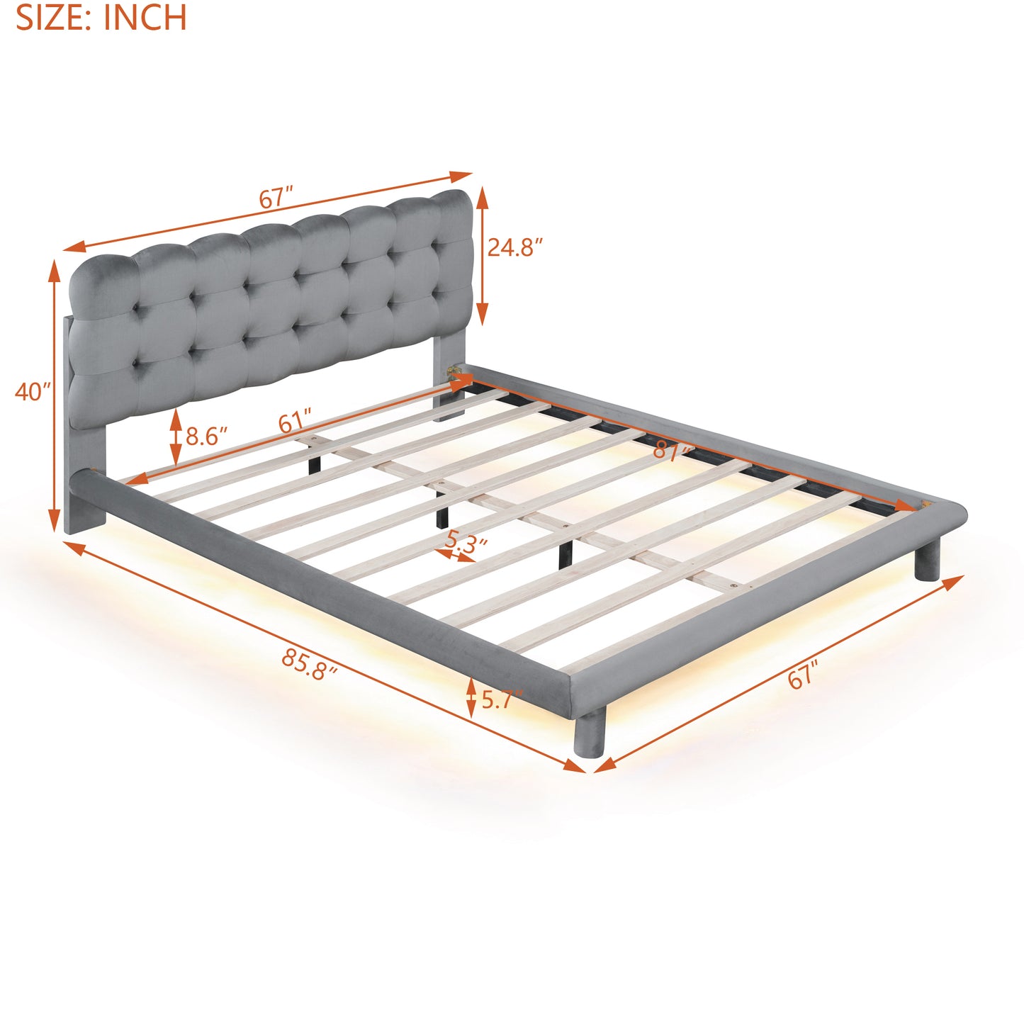 Queen Size Velvet Platform Bed with LED Frame, Thick & Soft Fabric and Button-tufted Design Headboard, Gray