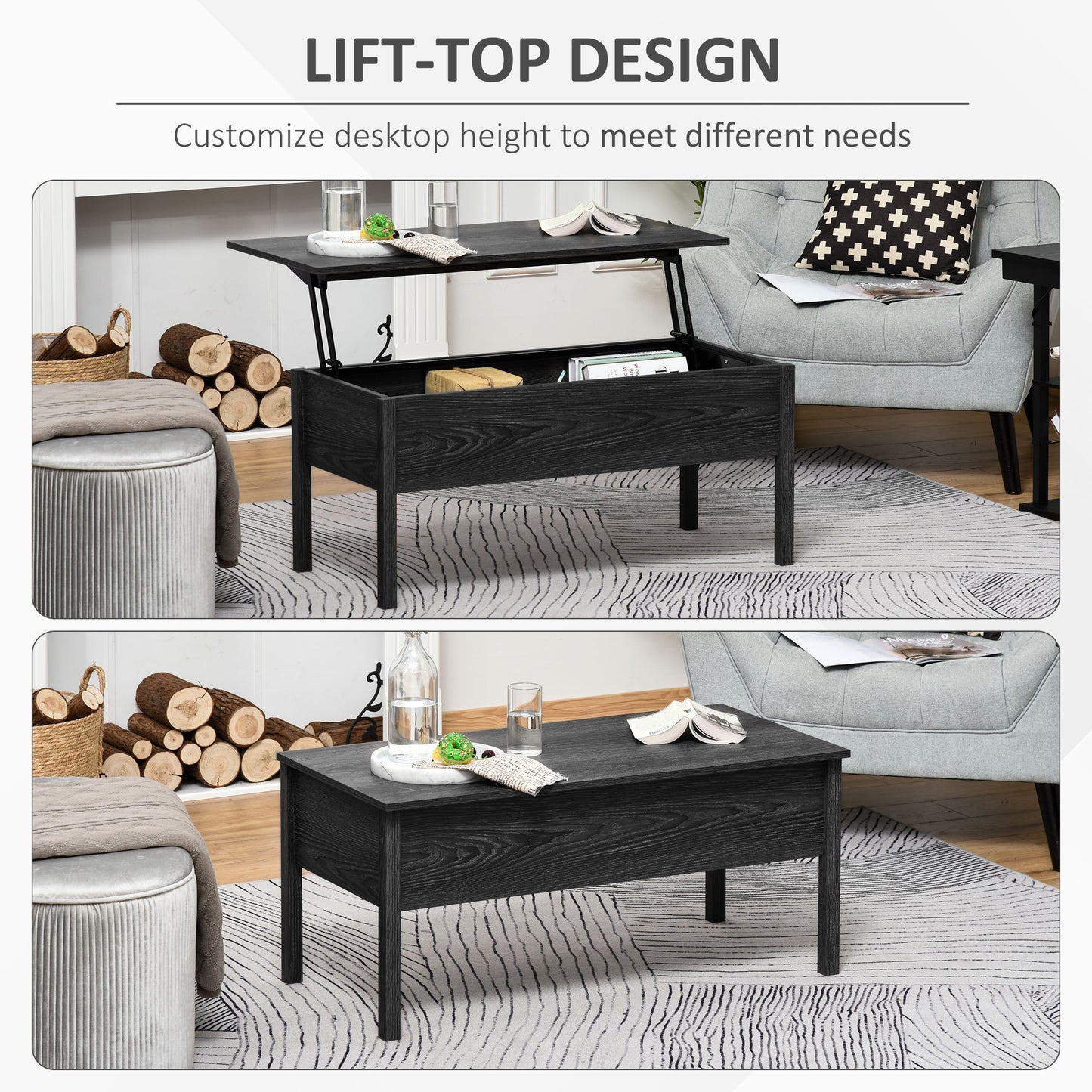 39" Modern Lift Top Coffee Table Desk With Hidden Storage Compartment for Living Room, Black Woodgrain