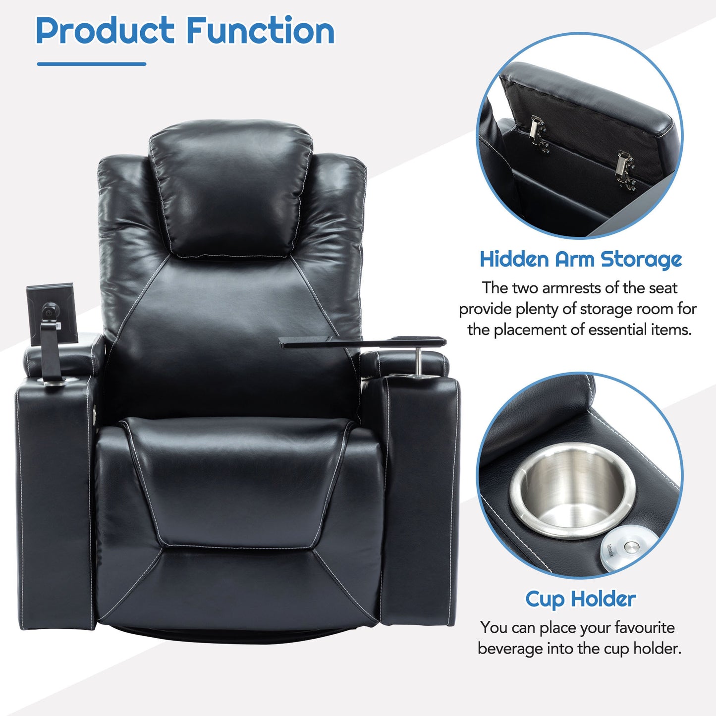 Luxurious Bluetooth Surround Sound Power Recliner with Swivel and Storage, Black