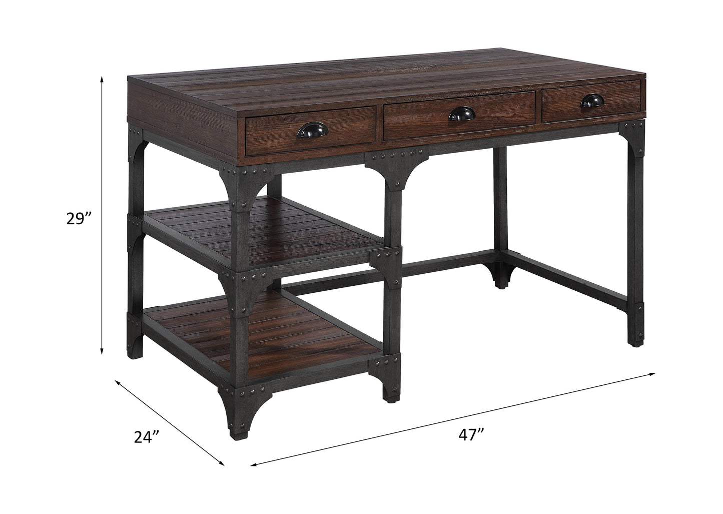 Sophisticated Espresso Oak Writing Desk with Vintage Black Metal Frame