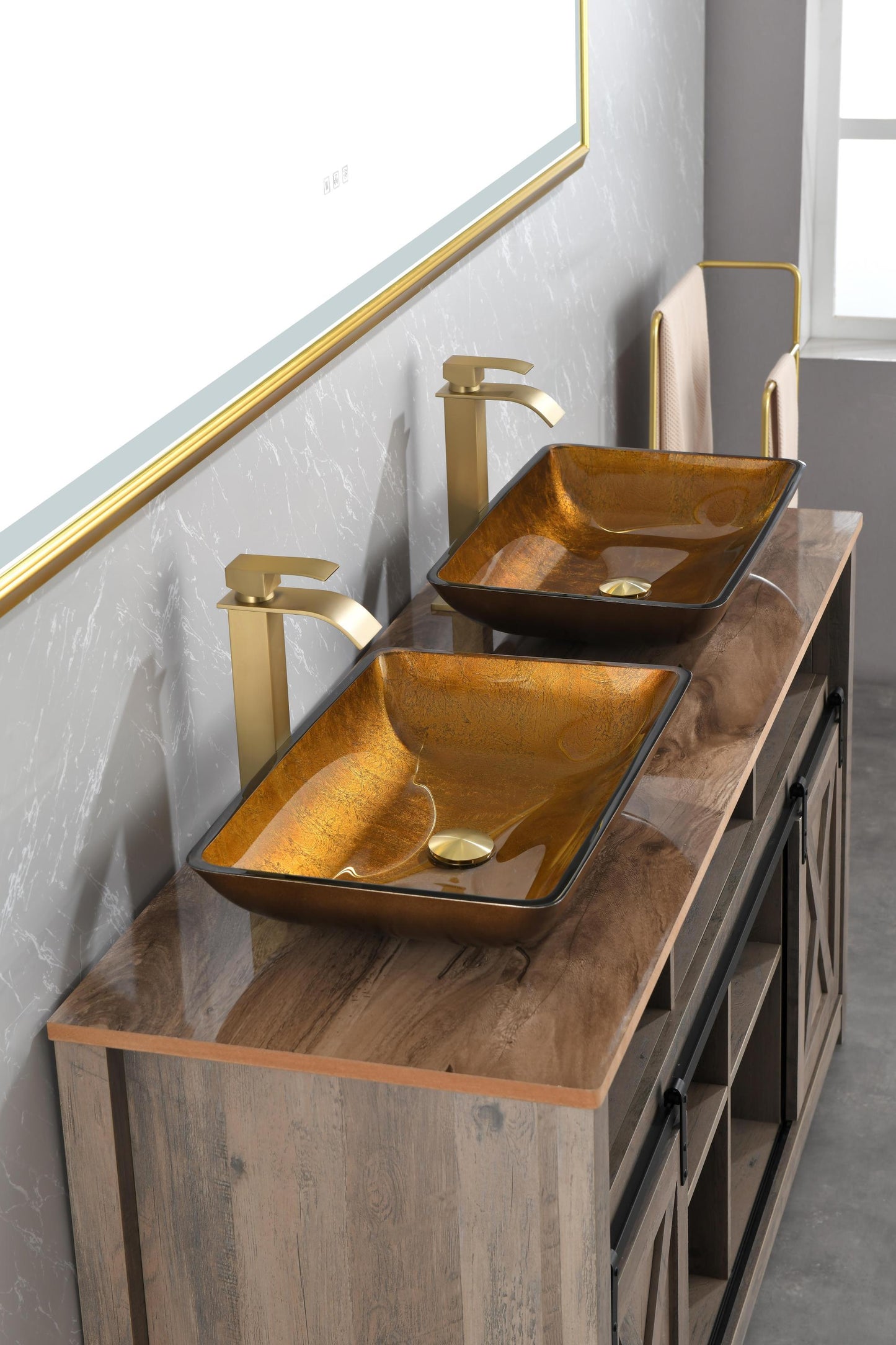 Gold Glass Rectangular Vessel Bathroom Sink Set with Faucet and Pop-Up Drain