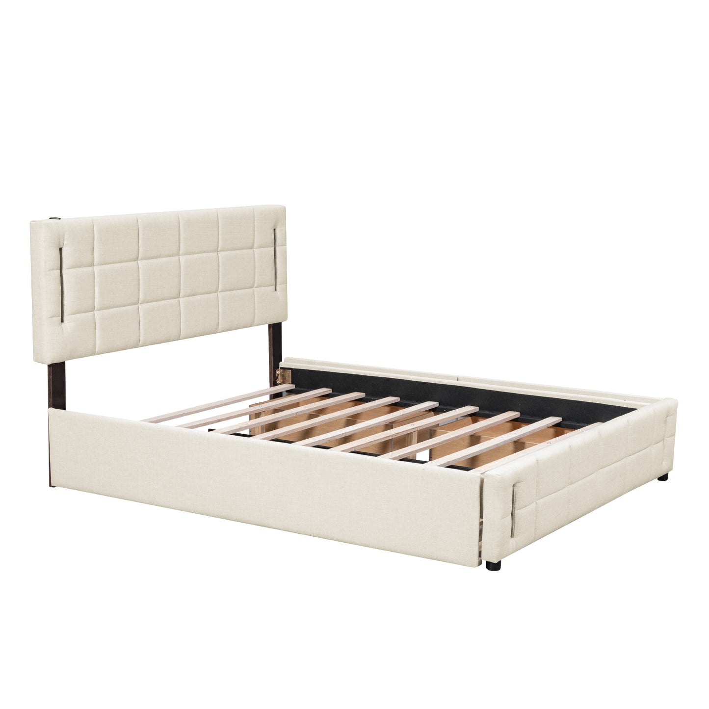 Queen Size Upholstered Platform Bed with Trundle and Drawers, Beige