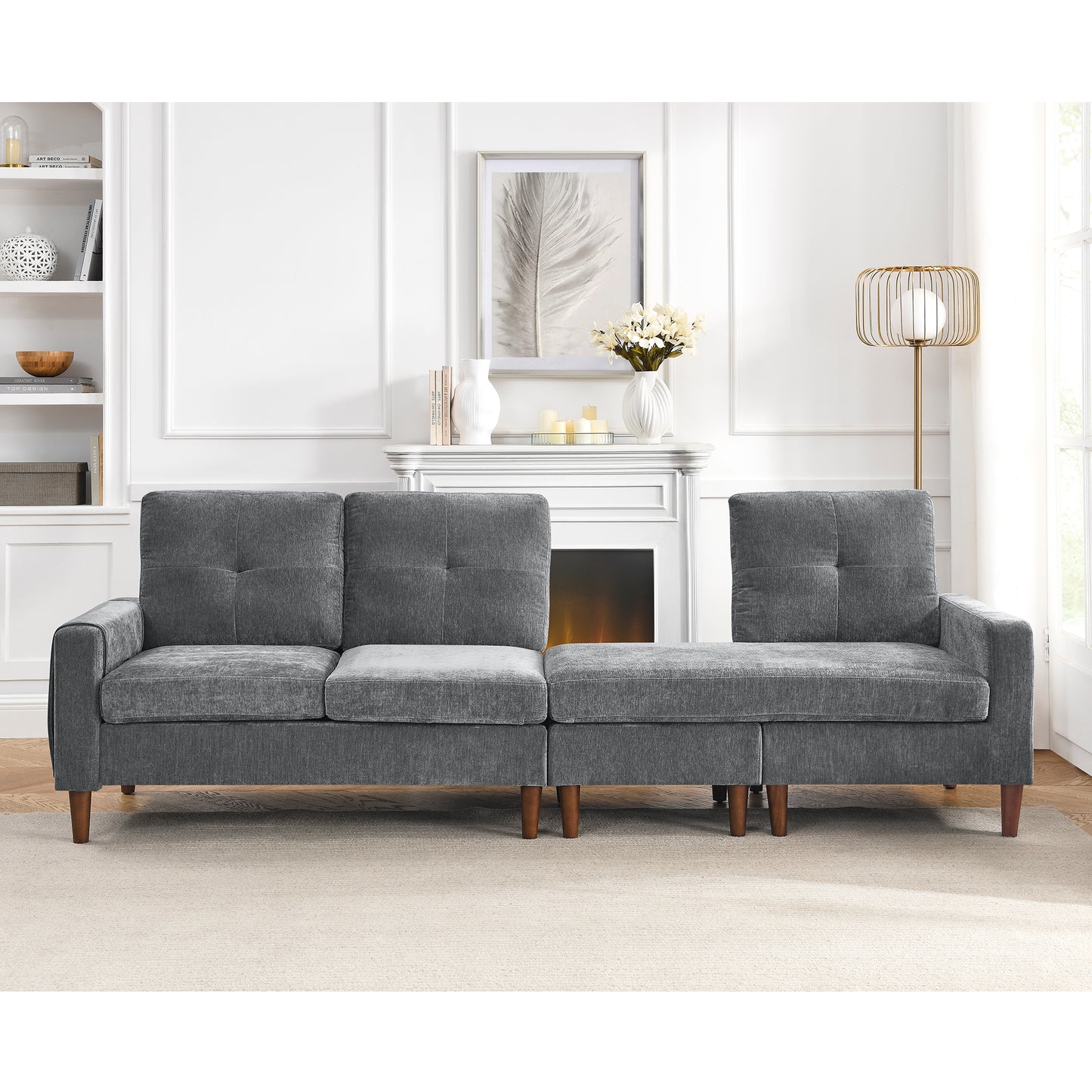 Convertible L-Shape Sectional Sofa with Removable Cushions and Ottoman, Dark Grey Chenille