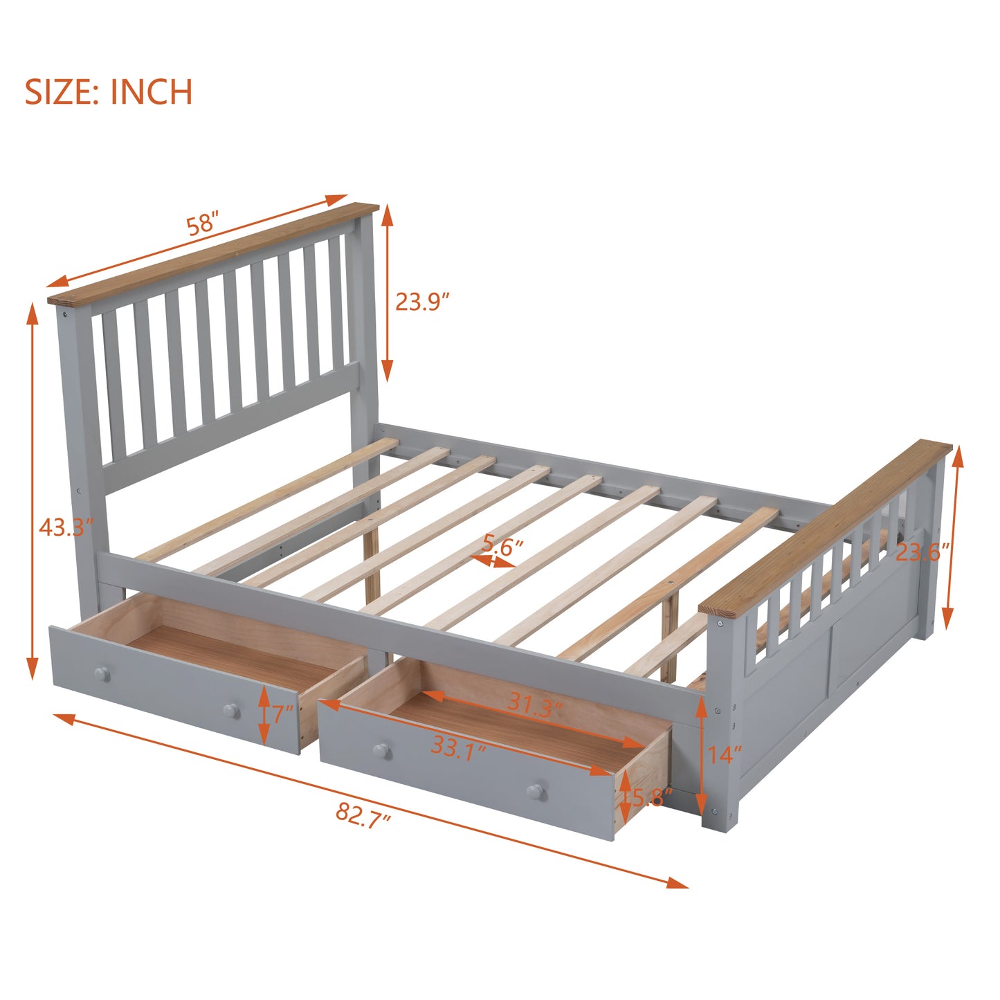 Full Size Wood Platform Bed with Two Drawers and Wooden Slat Support,Gray+Natrual