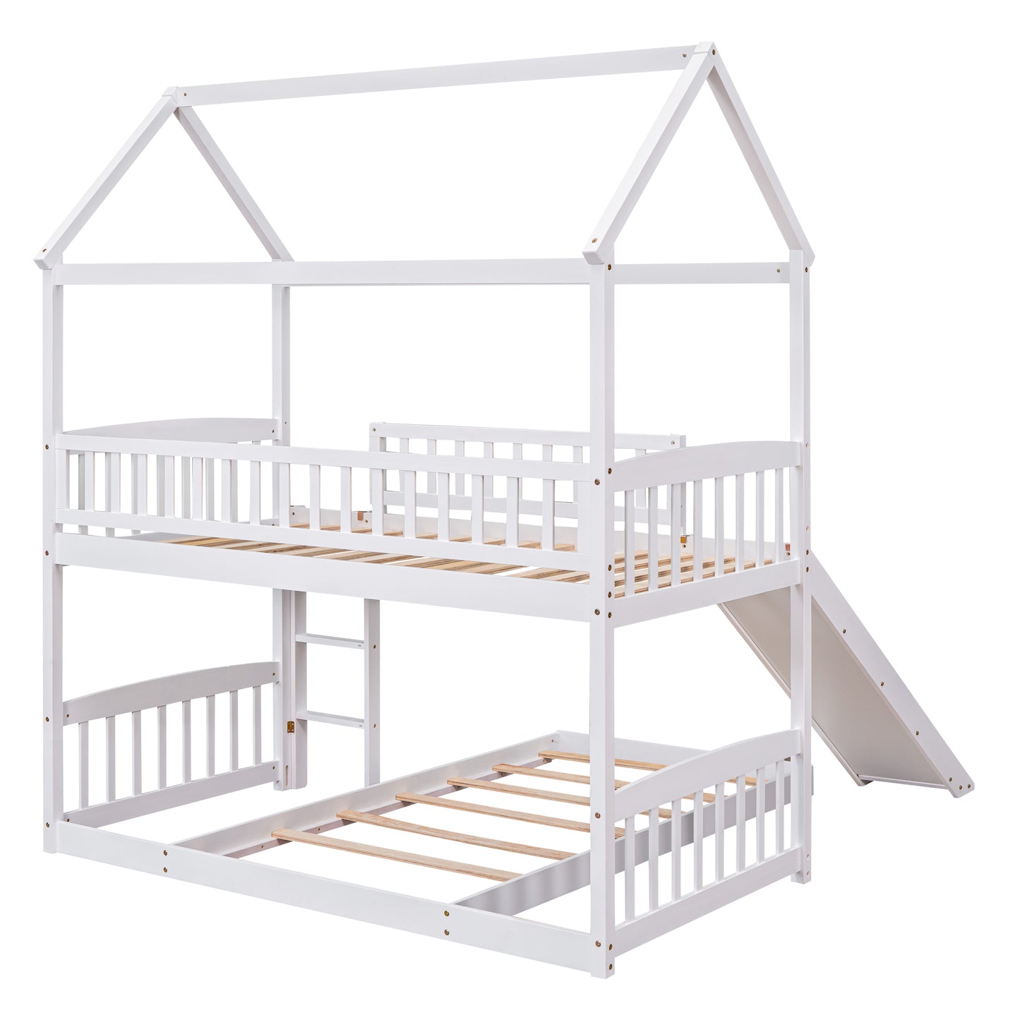 White Twin Over Twin Bunk Bed with Slide and Playhouse