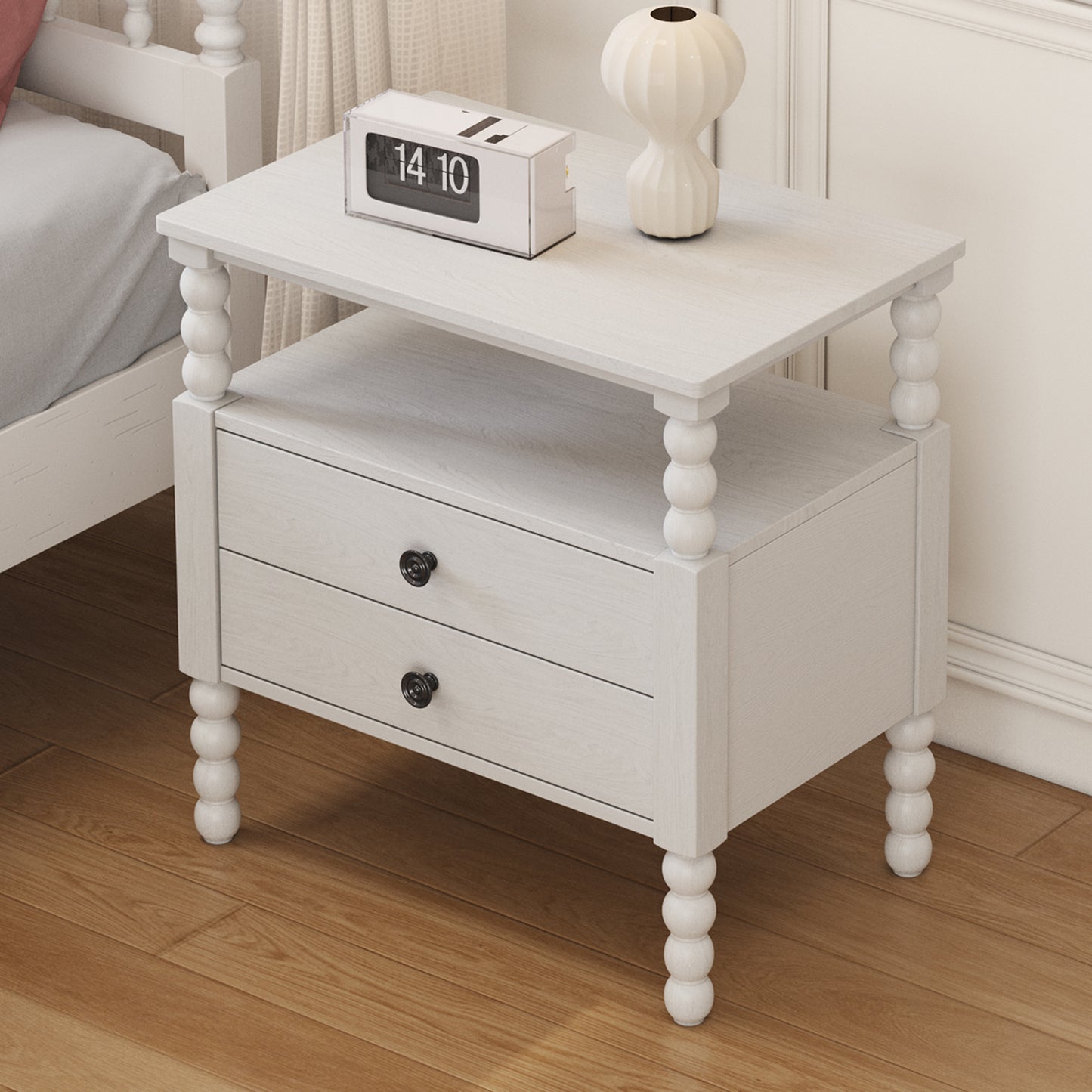 Gourd Shaped Leg 2 Drawer Nightstand, Antique White