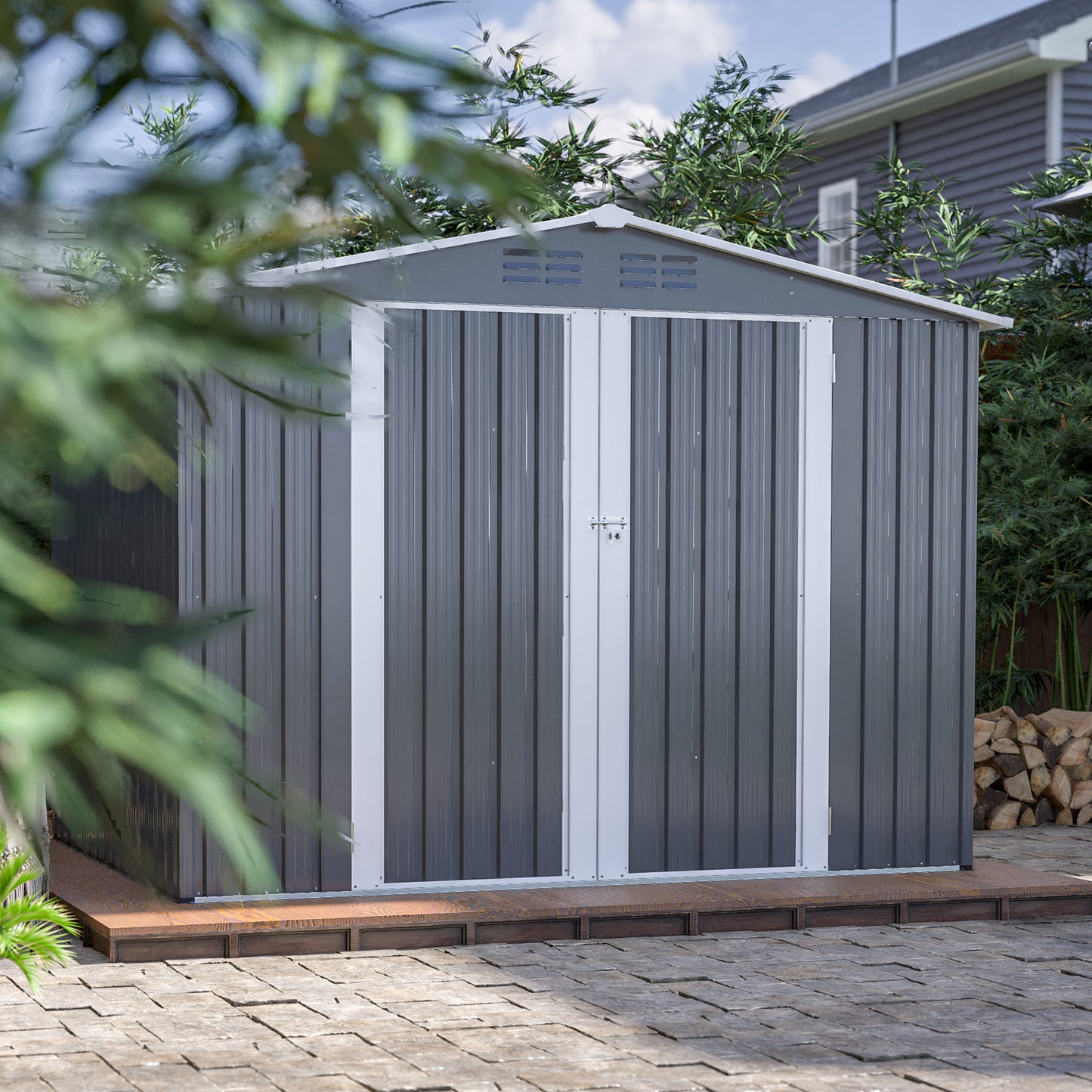 8 x 6 ft Outdoor Storage Shed, All Weather Metal Sheds with Metal Foundation & 2 Lockable Doors, Tool Shed for Garden, Backyard, Lawn,Grey