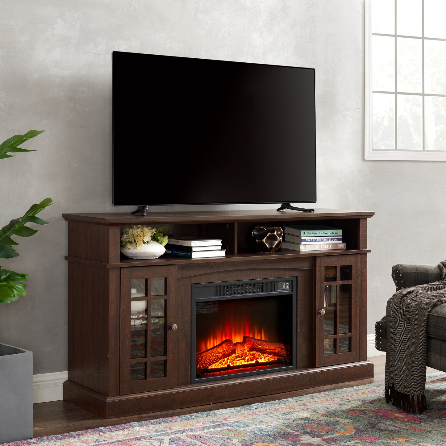 Modern Espresso TV Stand with Fireplace Insert and Open/Closed Storage for TVs Up to 65