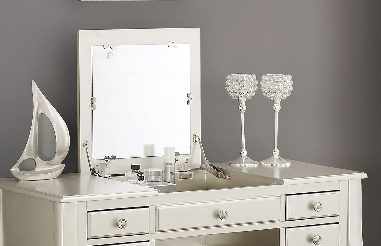 Classic Vanity Set w Stool Silver Color Drawers Open-up Mirror Bedroom Furniture Unique Legs Cushion Seat Stool Vanity