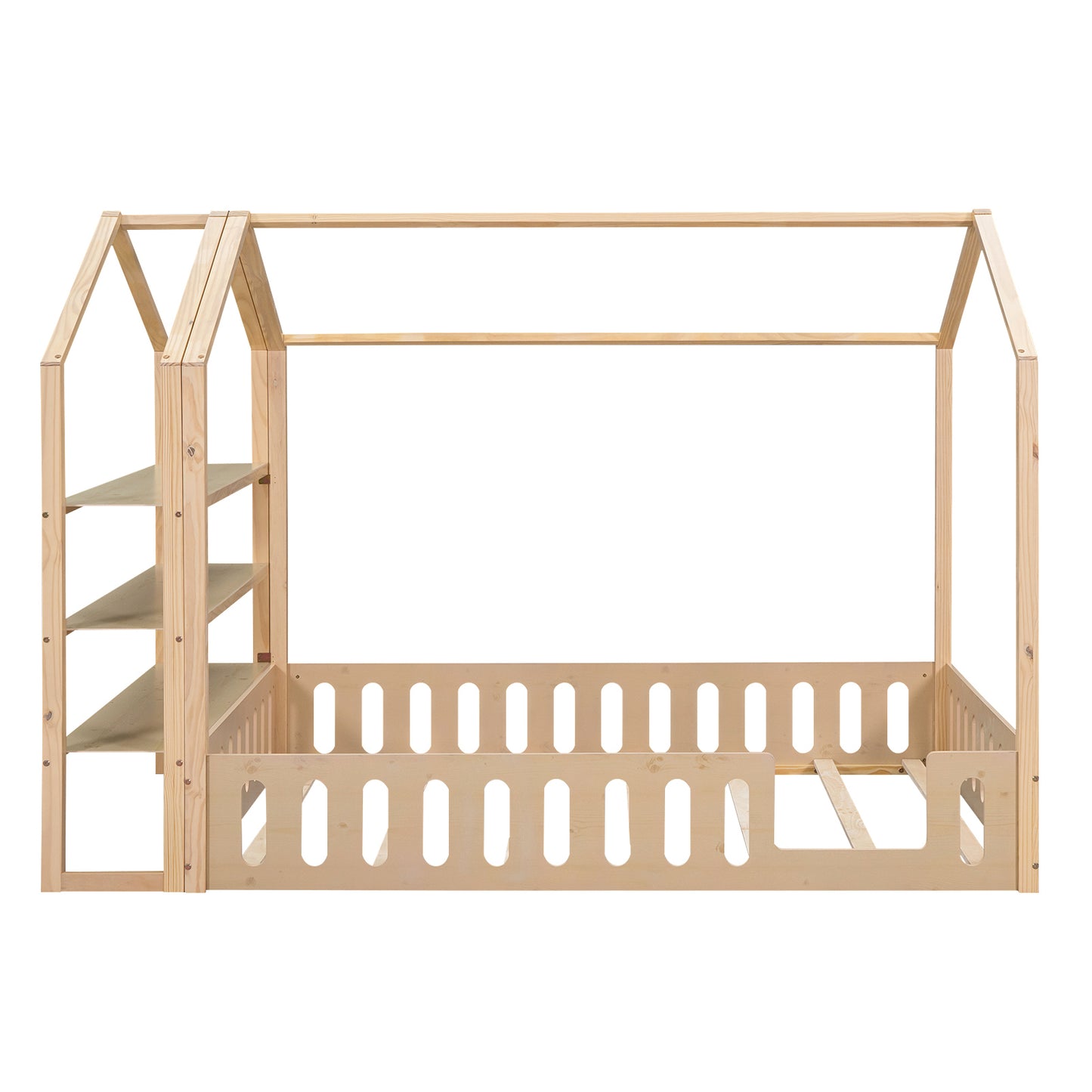 Full Size Wood House Bed with Fence and Detachable Storage Shelves, Natural (Expected Arrival Time: 1.7)