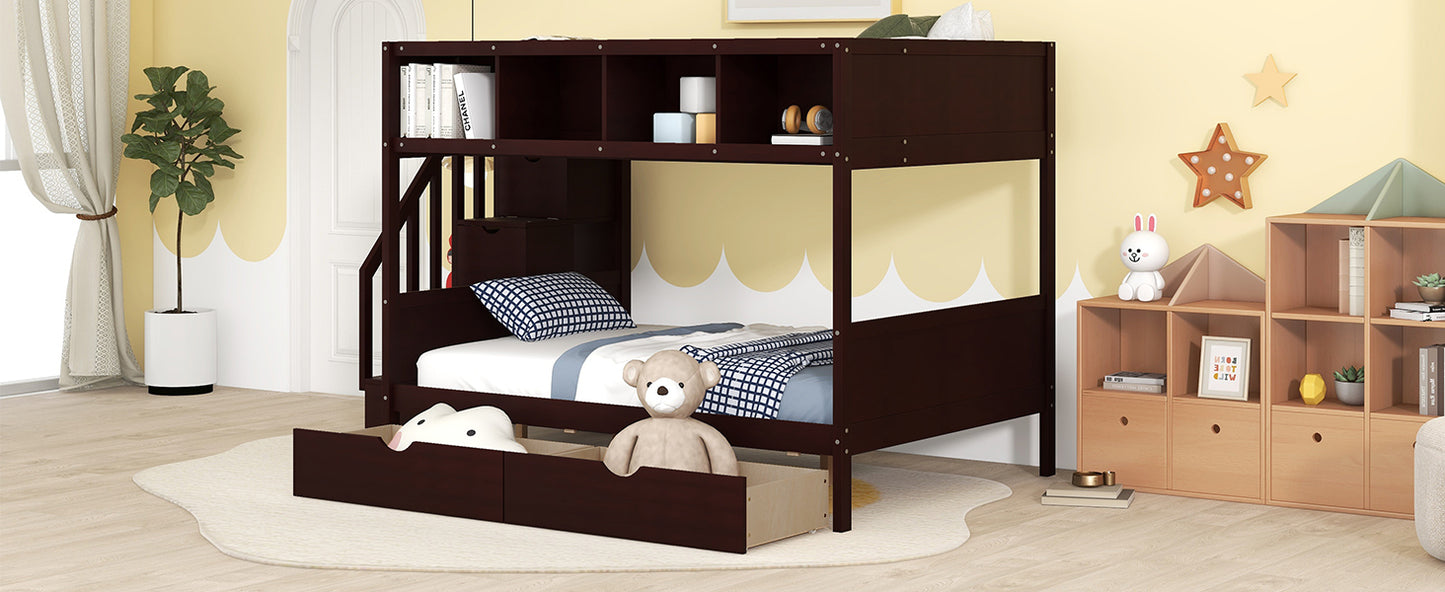 Espresso Finish Twin over Full Bunk Bed with Storage Staircase, Shelves, and 2 Drawers