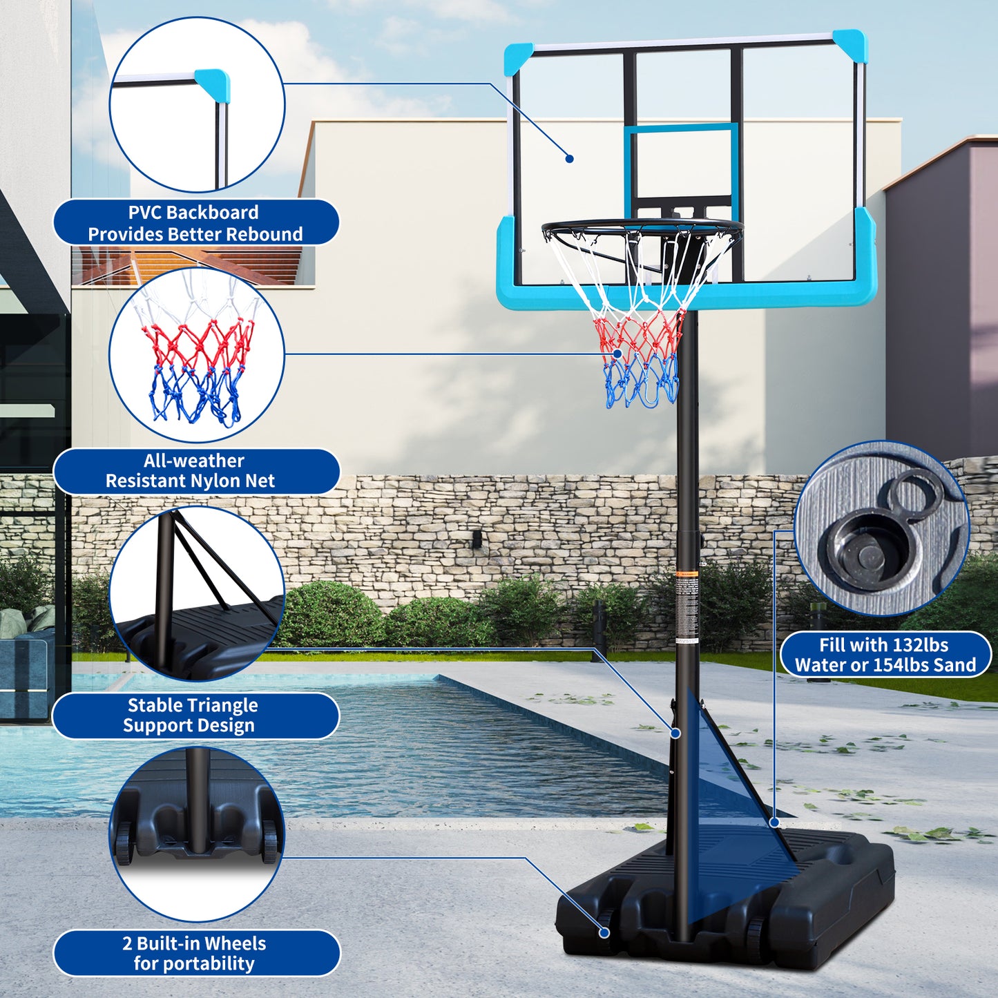 Portable Poolside Black Basketball Hoop Swimming Pool 4ft to 6.5ft Height-Adjustable Basketball System Goal Stand for Kids