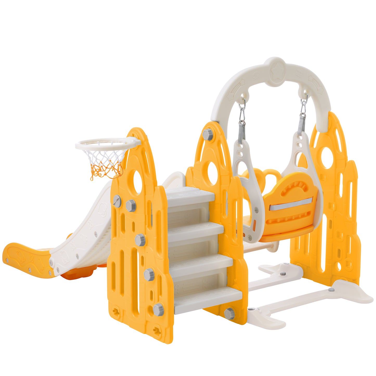 4 in 1 Toddler Playground Climber Slide and Swing Set with Basketball Hoop