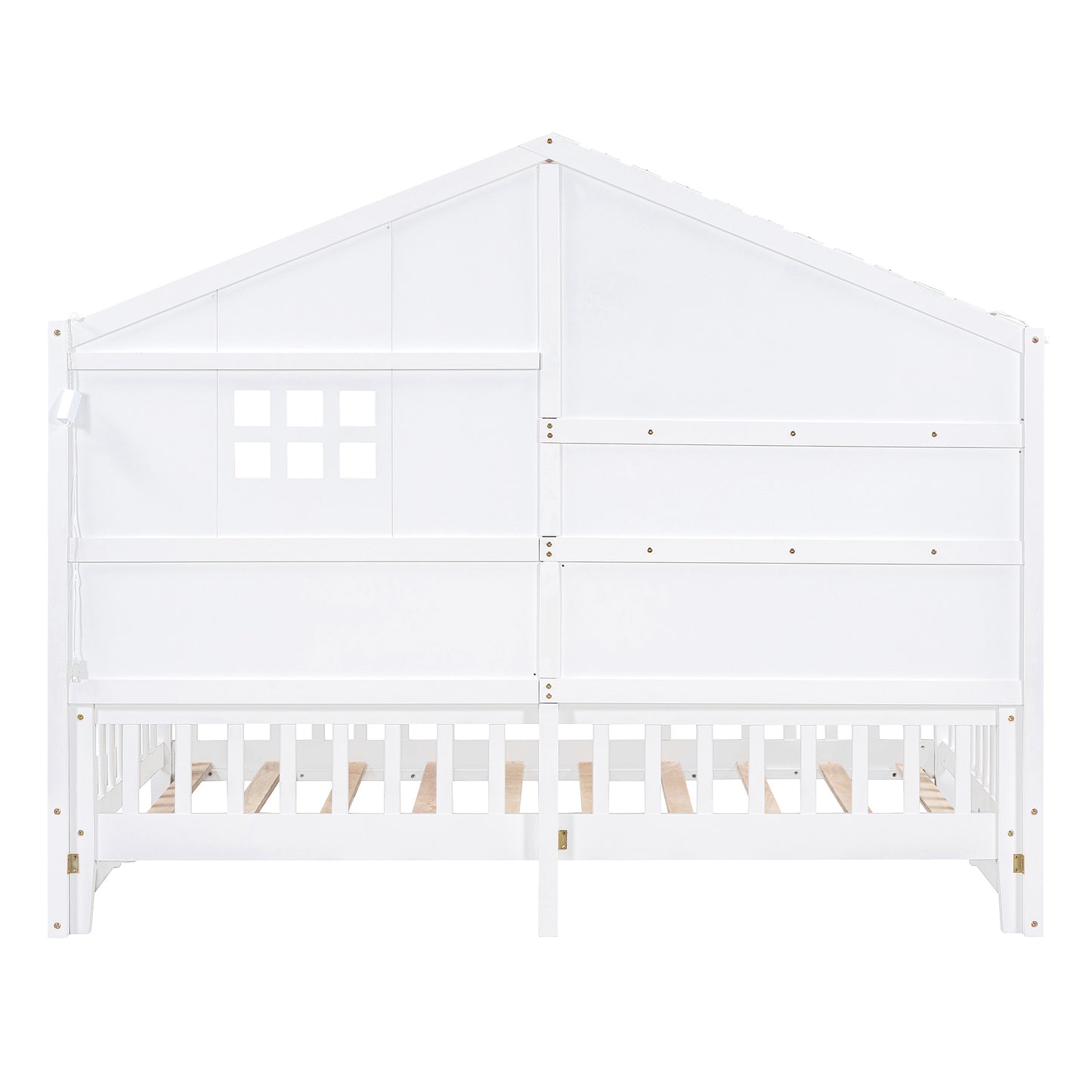 Twin Size House Bed with Shelves, House Bed with Window and  Sparkling Light Strip on the Roof, White