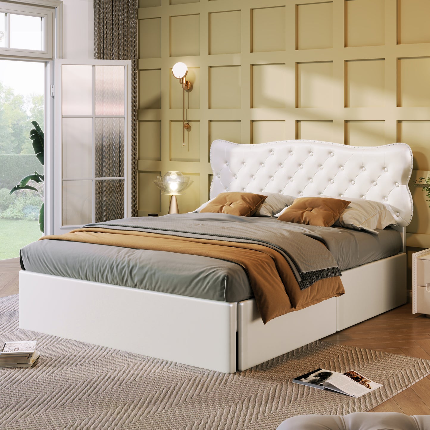 Full Size Bed Frame with 4 Storage Drawers,Leather Upholstered Platform Heavy Duty Bed,Wood Slat Support,White