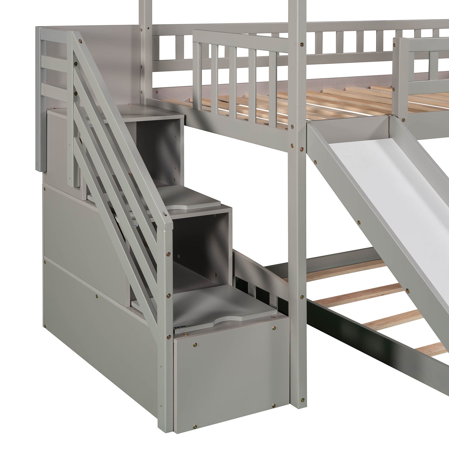 White House Design Twin Over Twin Bunk Bed with Slide and Storage Steps