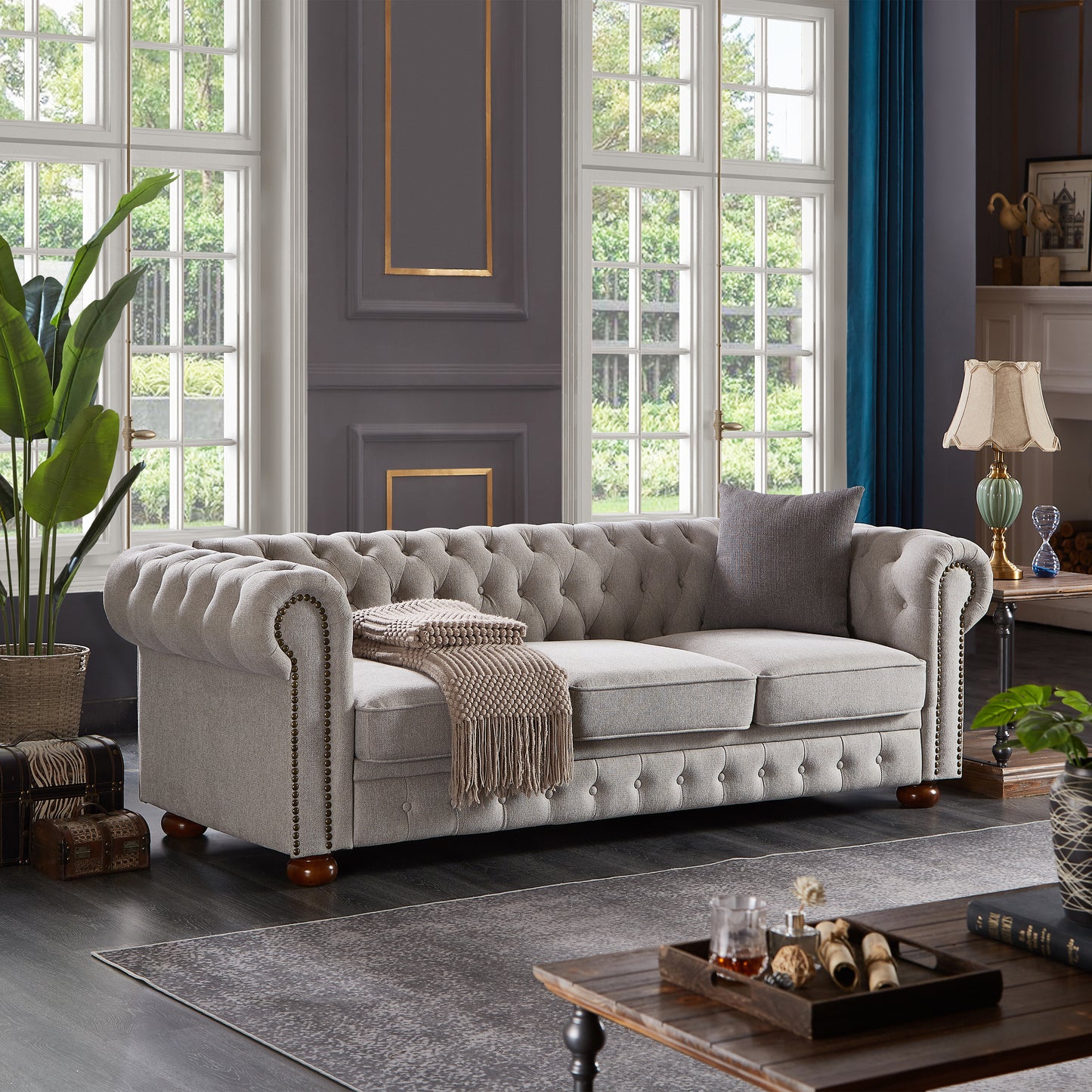 Chesterfield sofa in linen fabric (Light Grey)