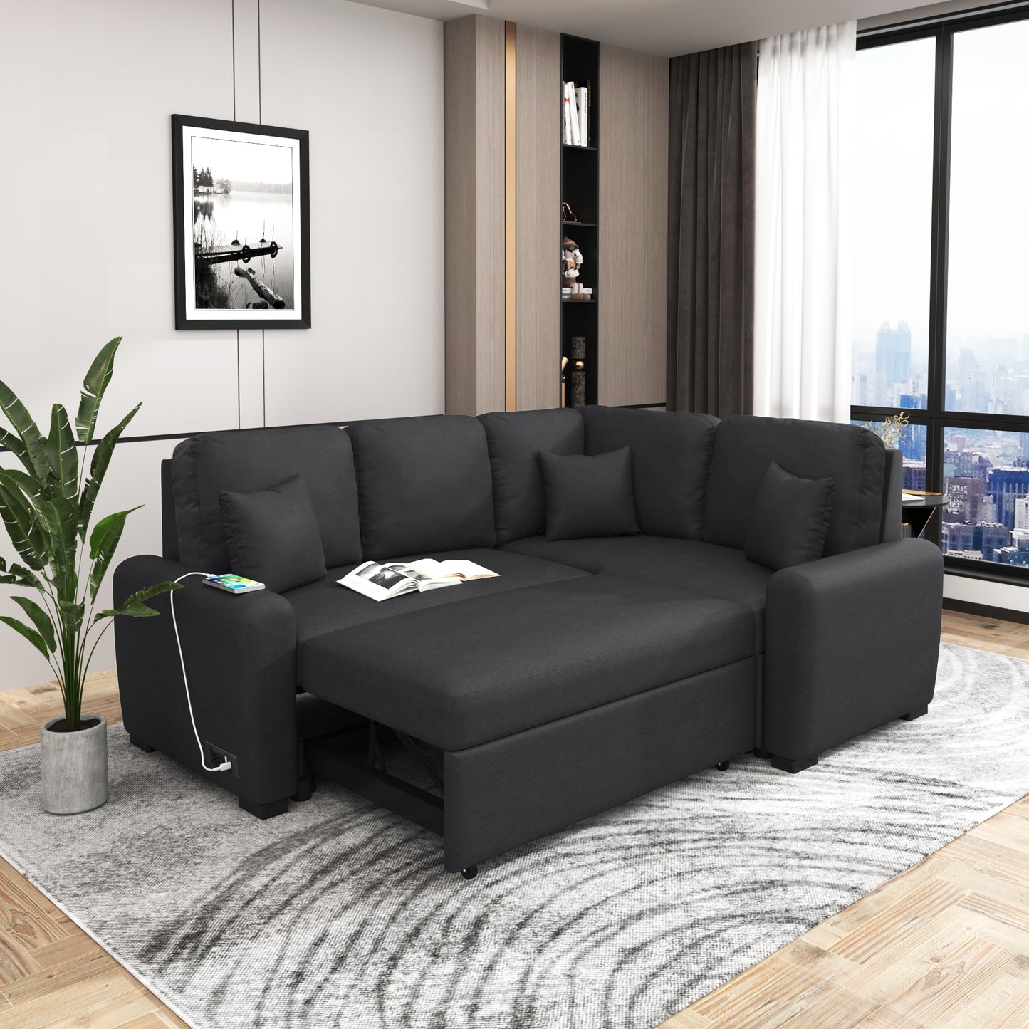 Sleeper Sectional Sofa with USB Charging Port and Plug Outlet, Pull-Out Bed with 3 Pillows, L-Shape Chaise for Small Living Spaces, Black