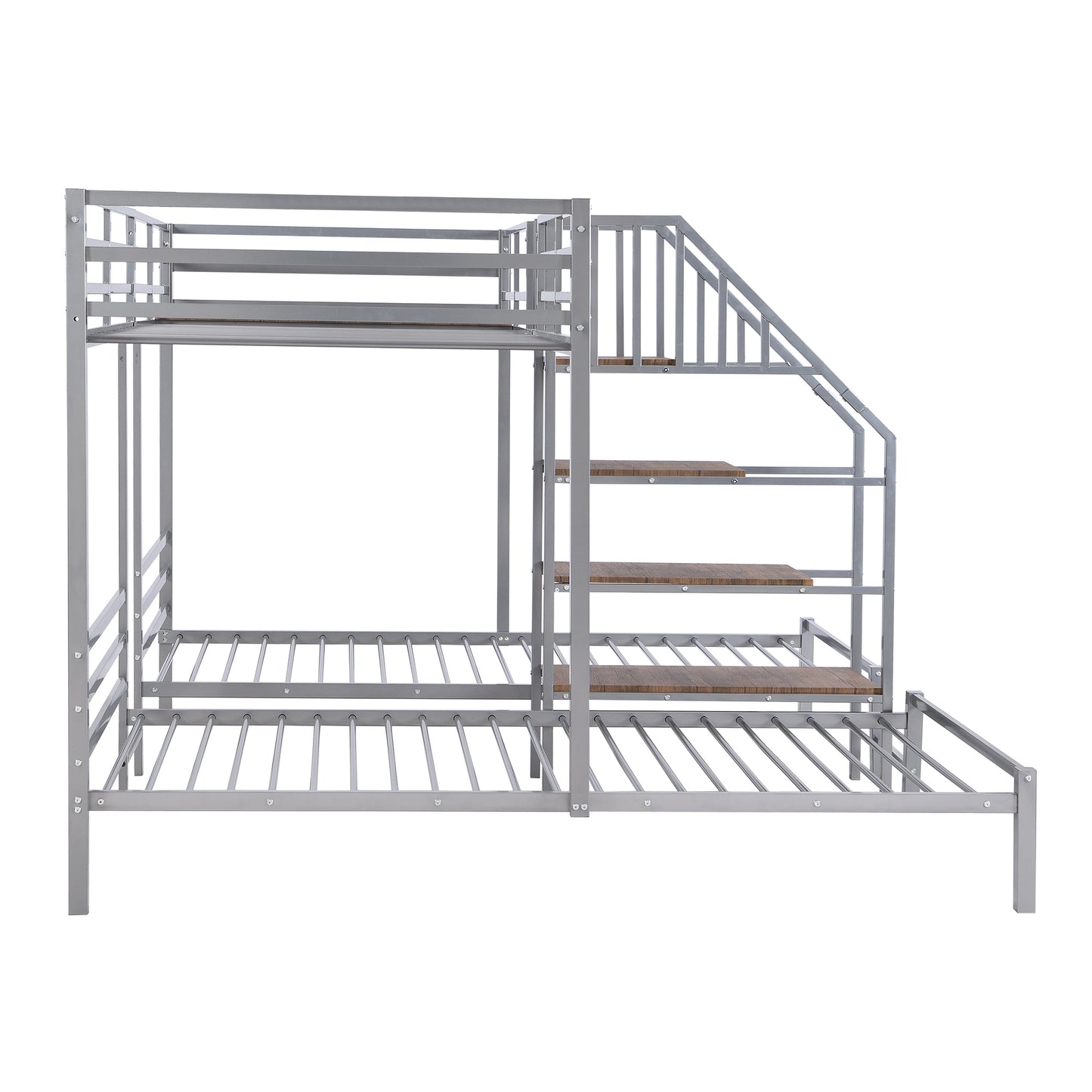 Three-Tiered Metal Bunk Bed with Storage and Staircase, Silver Twin over Twin