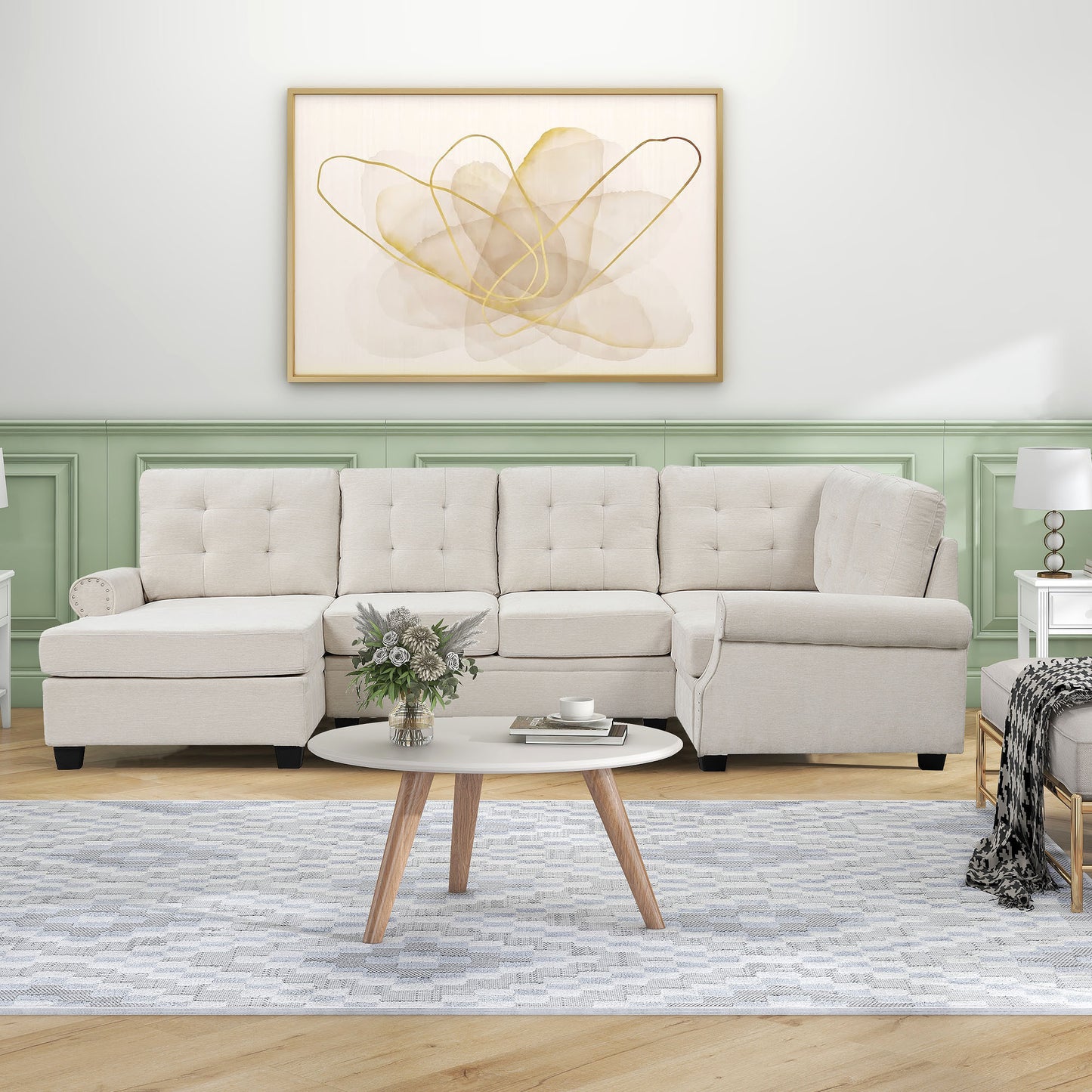 120-inch Stylish Beige U-Shaped Sectional Sofa for Living Room or Bedroom