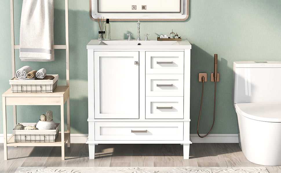 30" Bathroom Vanity , Modern Bathroom Cabinet with Sink Combo Set, Bathroom Storage Cabinet with a Soft Closing Door and 3 Drawers, Solid Wood Frame(White)