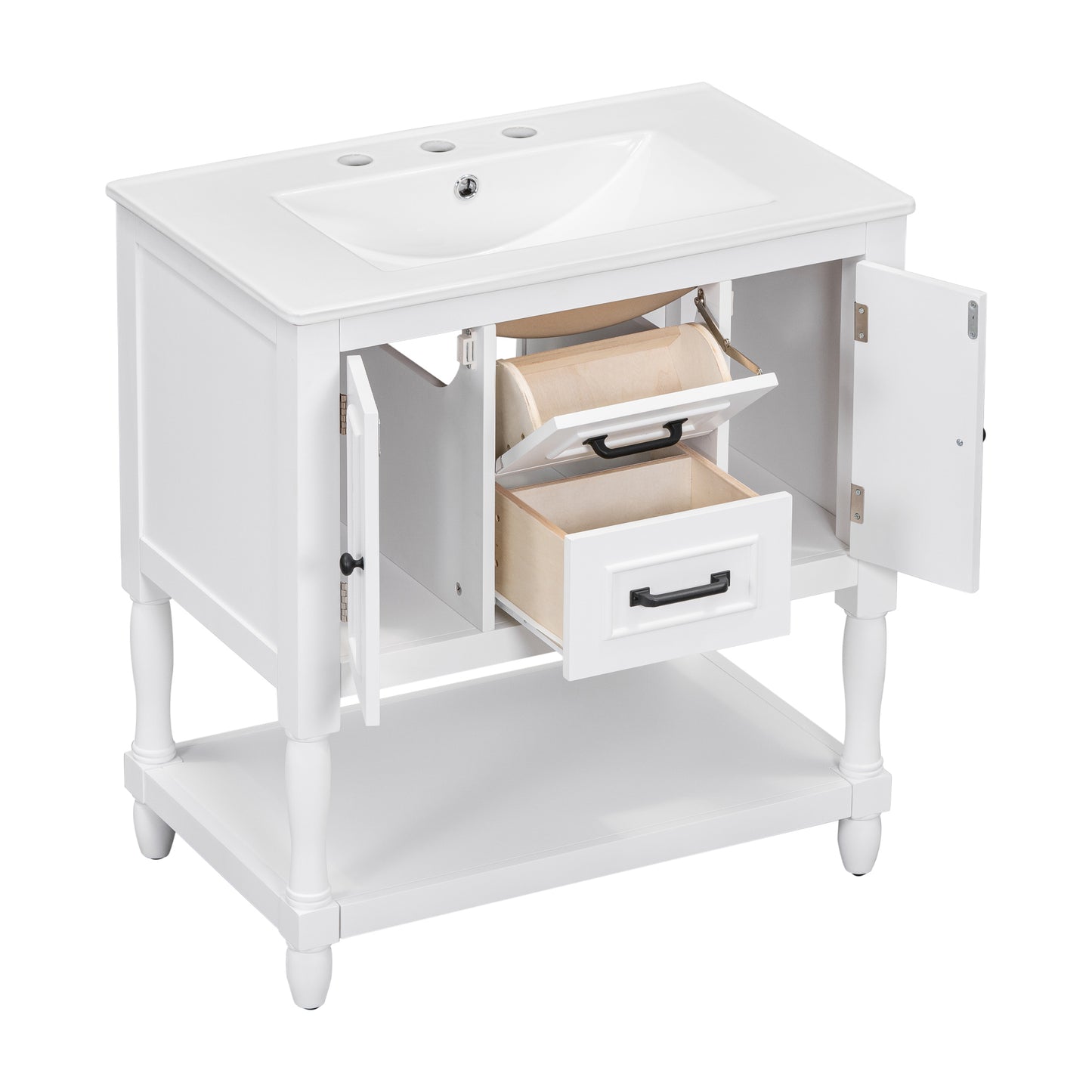 30" Bathroom Vanity with Sink Top, Bathroom Vanity Cabinet with Two Doors and Two Drawers, Solid Wood Frame, One Package, White