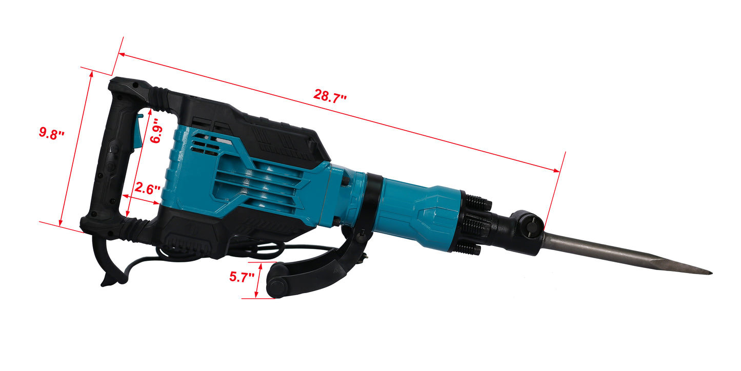 1900 BPM Electric Demolition Jack Hammer 1-1/8 Inch SDS-Hex Heavy Duty Concrete Pavement Breaker Drills Kit