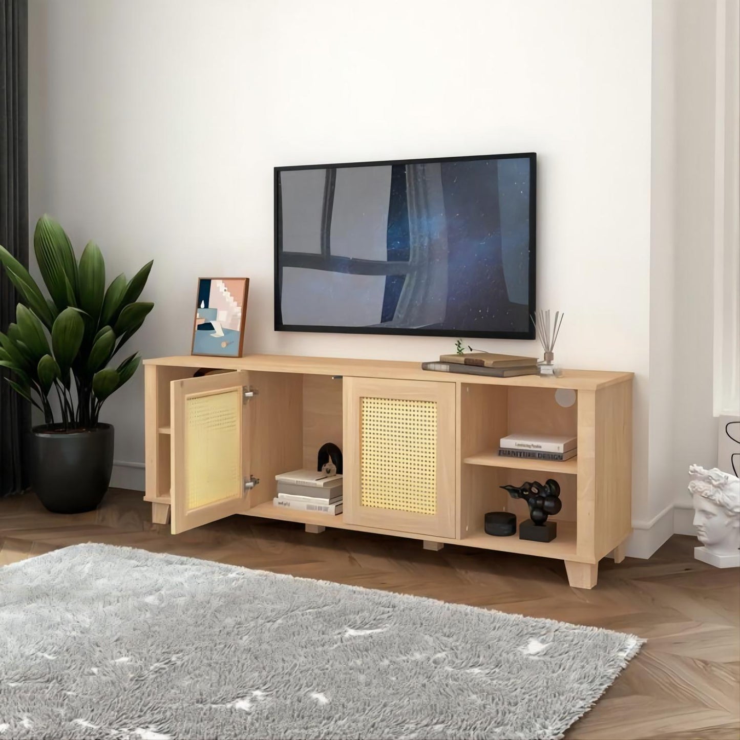 Rattan TV Stand with Boho-Chic Design for 65-70 inch TVs and Ample Storage