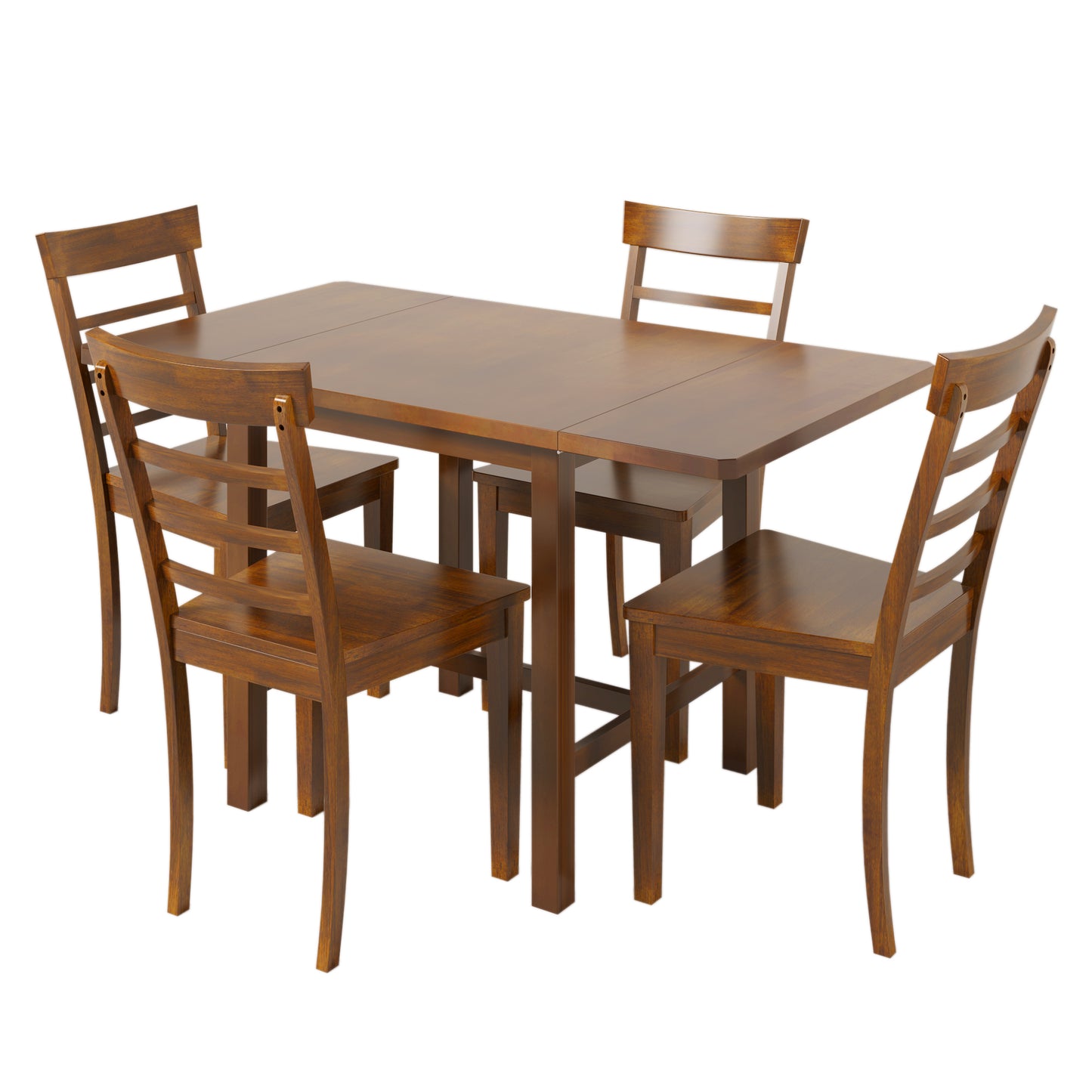 5-Piece Wood Square Drop Leaf Breakfast Nook Extendable Dining Table Set with 4 Ladder Back Chairs for Small Places, Brown